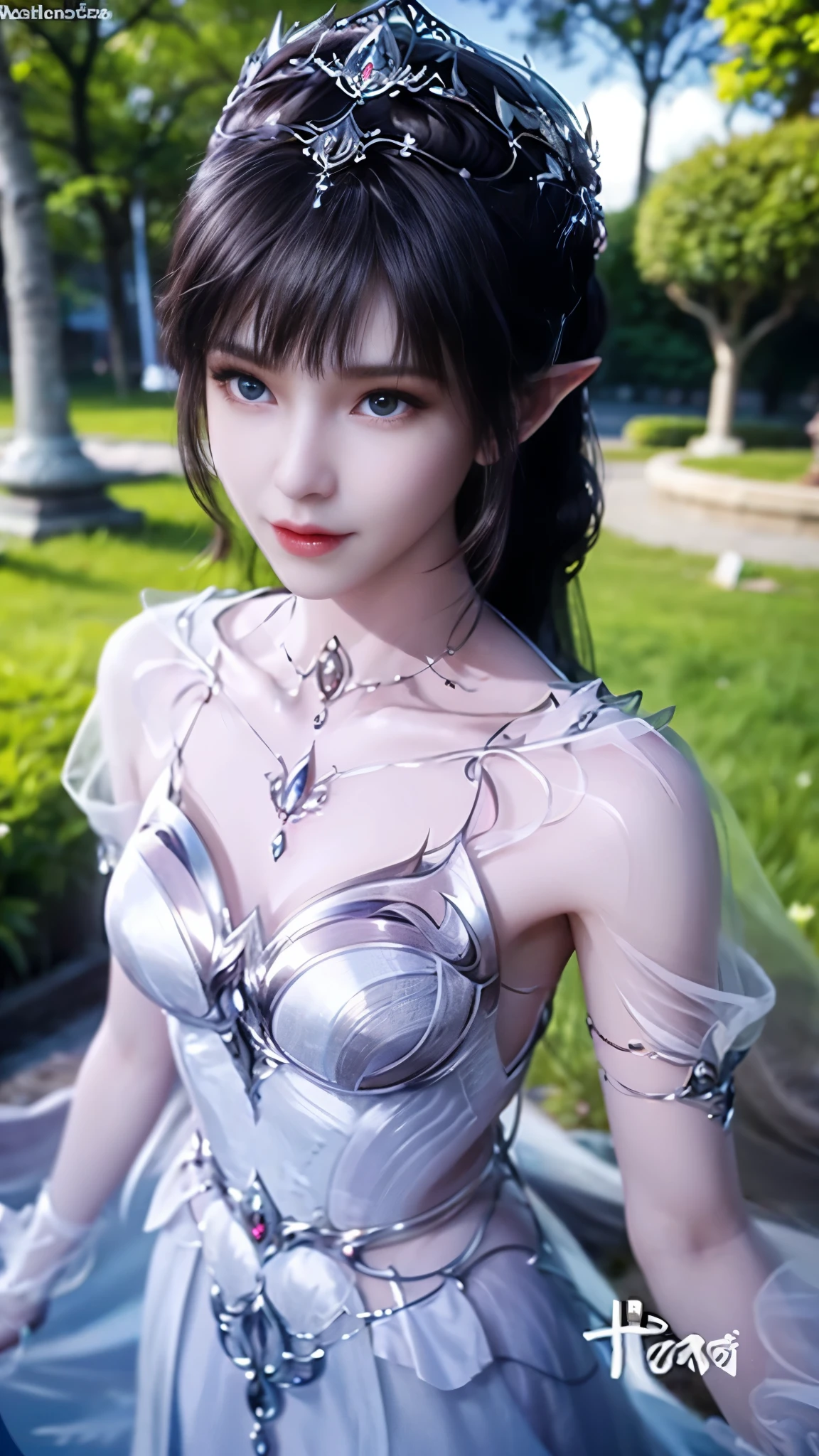 8k, masterpiece, a close up of a woman in a white dress, bare thigh, a beautiful fantasy empress, beautiful fantasy maiden, fantasy art style, trending on cgstation, beautiful and elegant elf queen, beautiful maiden, shining skin, intricate ornate anime cgi style, ((a beautiful fantasy white empress)), beautiful alluring Realistic woman, shining skin, in the park, sun shining, Realistic shadow, side pose,