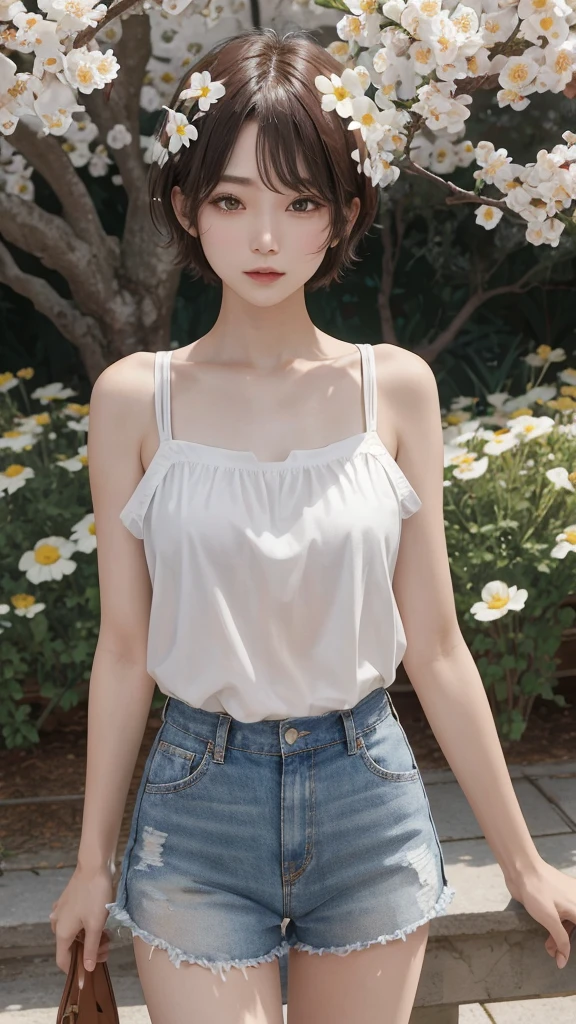 masterpiece, highest quality, High resolution, aamikoto, short hair, Hair Flowers, Exposing shoulders, Sleeveless shirt, White shirt, Are standing, Cowboy Shot, Outdoor,(hour々does not wear underwear),(hour々opens her vaginal opening with her fingertips:0.6),(Sometimes she's completely naked with her big ass exposed),(A very young looking girl Small breasts),(The crack of the pussy is clearly visible:1.1),(Bitchy and naughty girl:1.0)