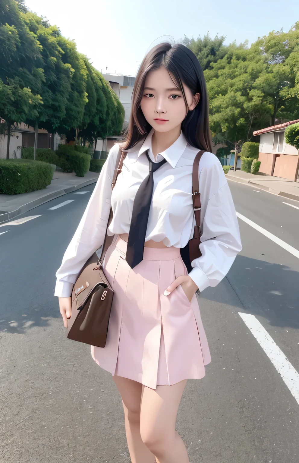 masterpiece, Photo-realistic, best quality, 8k ultra-detailed, illustration, Warm light, full body photo, (paisura:1.4), 1girl, , Baby Face, N hair tie, small breasts, Both eyes are equal, black eyes, necktie, skirt, bag, black hair, trong lớp học, lớp học trống, road, between breasts, street, school bag