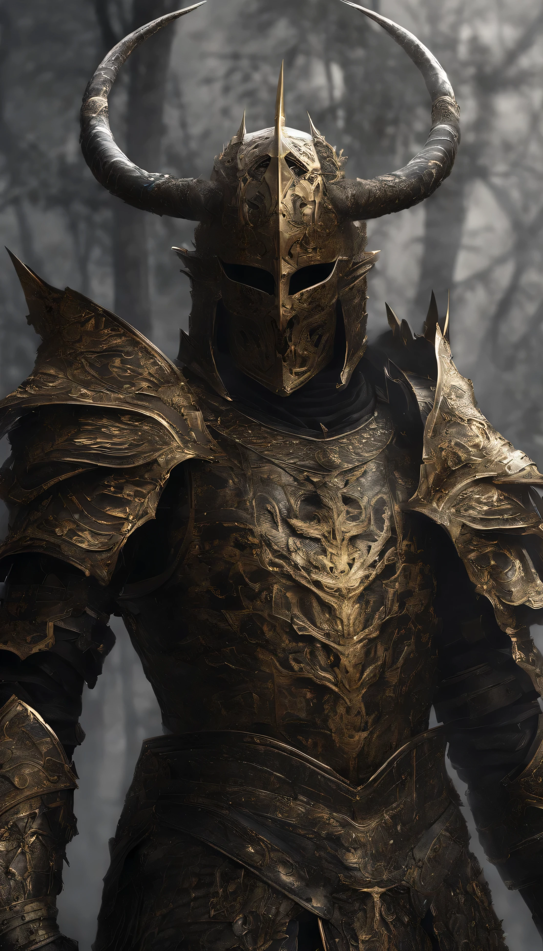 warrior, concept-art, author:Kishiganku, Fantasy art, battleground background, clean render, a horned, Wear a suit of armor, Detailed bushido form smoke, helmet of a forgotten deity, character is standing, 8k Realistic, in game render, detailed face background detail, Art station front page, taur, Pseudo-medieval fantasy, A deity wearing koi armor, detailed bronze armor, Bronze armor, golden etched armor, gold obsidian armor, Light gold armor, Gorgeous filigree armor, A demonic warrior, Gorgeous armor full of thorns, Intricate assasin armor, Intricate metal armor, powerful warrior, Dressed in gorgeous gold armor,Decorated with intricate patterns, The helmet has a large crown and two horns,Glowing red eyes, Everything is in the dark, The smoky background alludes to battle scenes, Add an ominous aura to his character,submission, Full body shot.