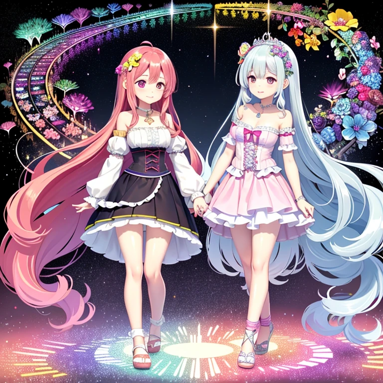 A colorful fantasy world,Two women walking hand in hand,Rainbow Road,Iridescent tree々,A sparkling river flows,Unicorns running around,Fairies are flying,Ai Fukuhara,Pink Dress,I can see a little bit of her white panties under her skirt,long hair of dark purple color,Flower crown,Black-haired woman,Large breasts