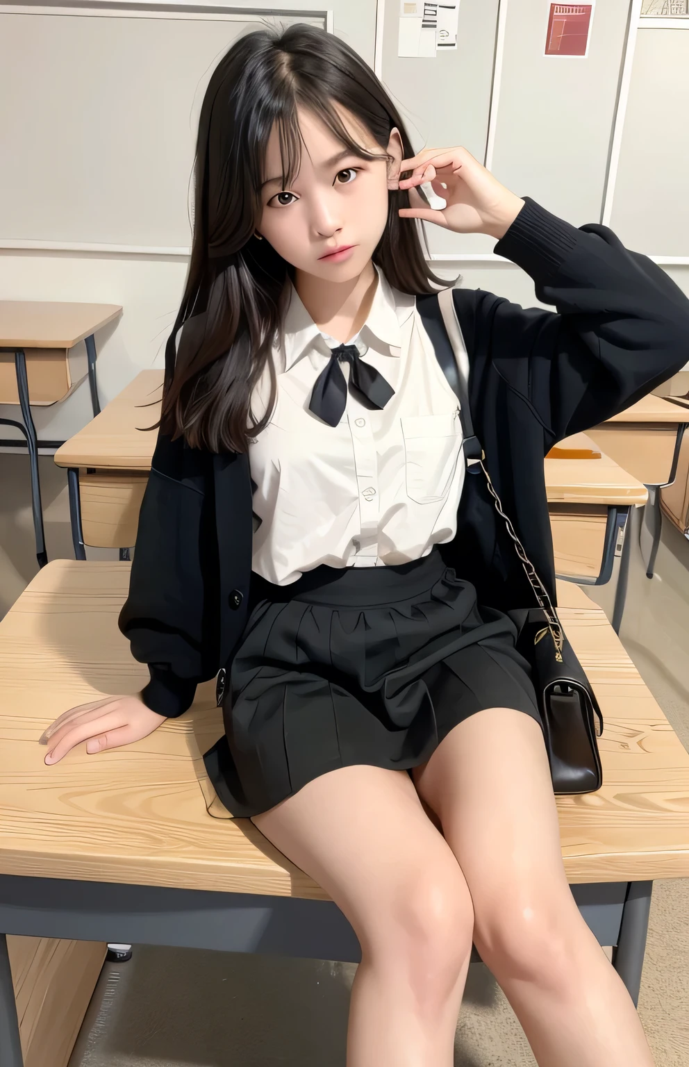 masterpiece, Photo-realistic, best quality, 8k ultra-detailed, illustration, Warm light, full body photo, (paisura:1.4), 1girl, ************, Baby Face, No makeup, hair tie, small breasts, Both eyes are equal, black eyes, necktie, skirt, bag, black hair, Classrooms, empty room, road, between breasts, street, school bag