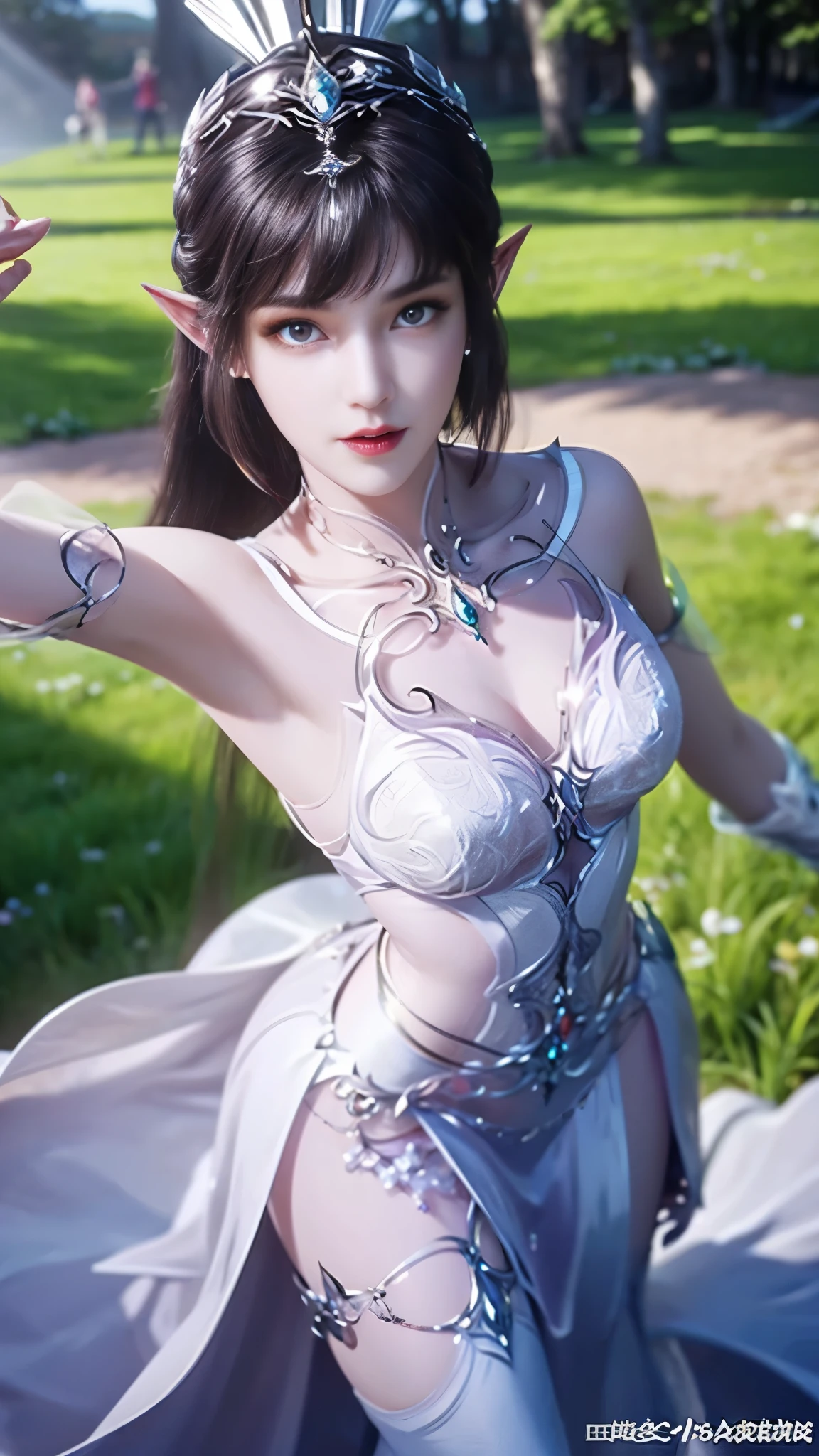 8k, masterpiece, a close up of a woman in a white dress, bare thigh, a beautiful fantasy empress, beautiful fantasy maiden, fantasy art style, trending on cgstation, beautiful and elegant elf queen, beautiful maiden, shining skin, intricate ornate anime cgi style, ((a beautiful fantasy white empress)), beautiful alluring Realistic woman, shining skin, in the park, sun shining, Realistic shadow, attractive poses,