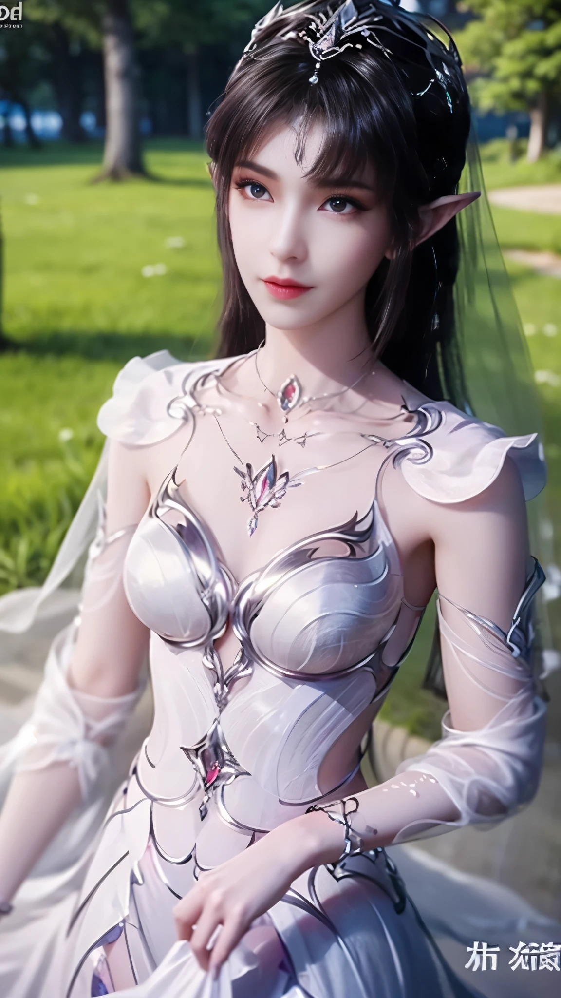 8k, masterpiece, a close up of a woman in a white dress, bare thigh, a beautiful fantasy empress, beautiful fantasy maiden, fantasy art style, trending on cgstation, beautiful and elegant elf queen, beautiful maiden, shining skin, intricate ornate anime cgi style, ((a beautiful fantasy white empress)), beautiful alluring Realistic woman, shining skin, in the park, sun shining, Realistic shadow, attractive poses,