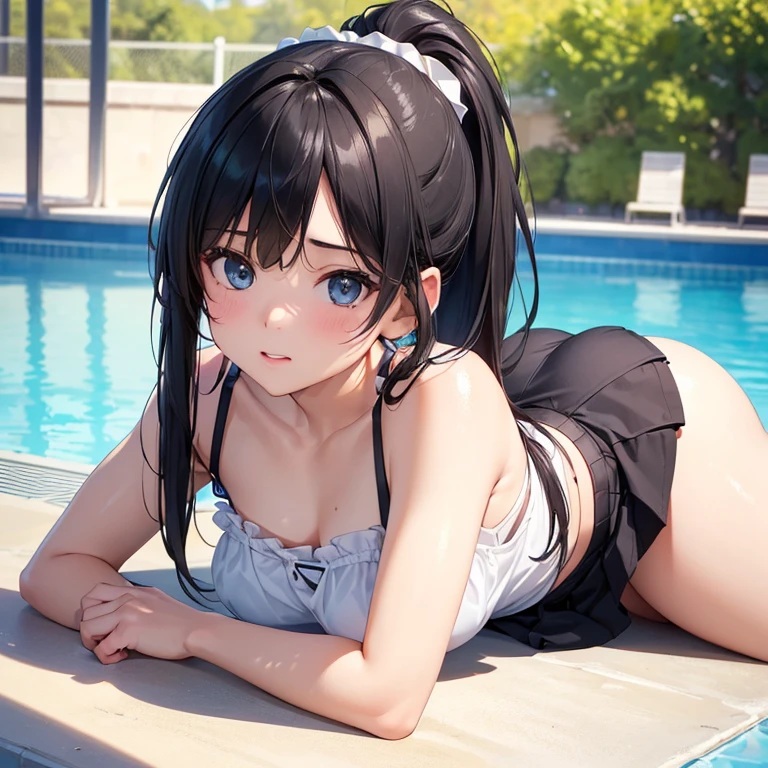 (best quality,4k,8k,highres,masterpiece:1.2),ultra-detailed,(realistic,photorealistic,photo-realistic:1.37),ponytail,black hair,high school girl,mini skirt,poolside, all fours,sideways angle,sunlight,bright colored clothes,slightly exposed necklin, White camisole、Blue he is looking straight to the side