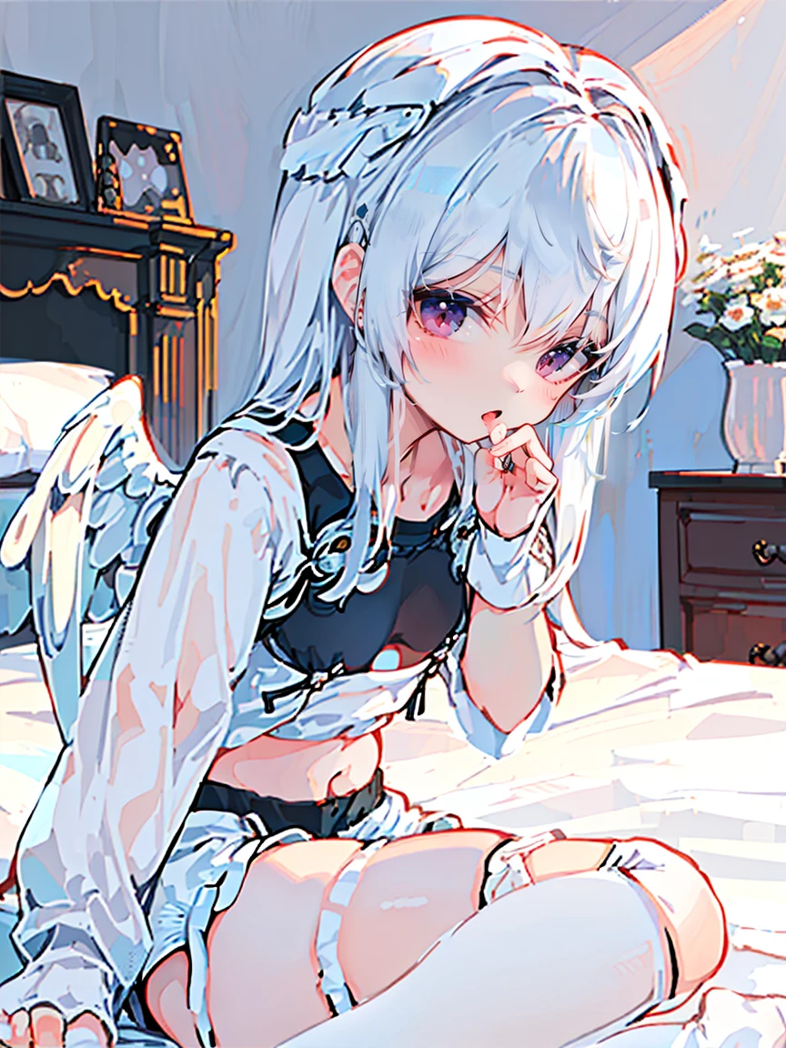 Absurd,(masterpiece、highest quality、8k ),Intricate details,Ultra-detailed、1 cute girl、((movie:1.4)),Male focus,Embarrassing、(Flat chest、bulge:2.2(Silver Hair、(Angel、White camisole,White shorts、White knee-high socks:1.3),On the bed、Ultra-realistic,Perfect Anatomy