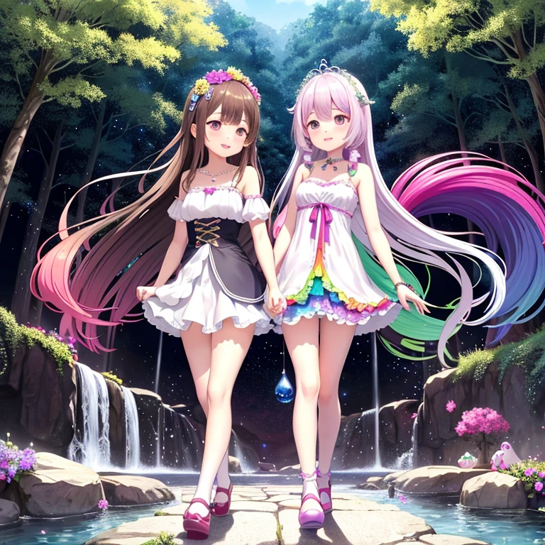 A colorful fantasy world,Two women walking hand in hand,Rainbow Road,Iridescent tree々,A sparkling river flows,Unicorns running around,Fairies are flying,Ai Fukuhara,Pink Dress,I can see a little bit of her white panties under her skirt,long hair of dark purple color,Flower crown,Black-haired woman,Large breasts