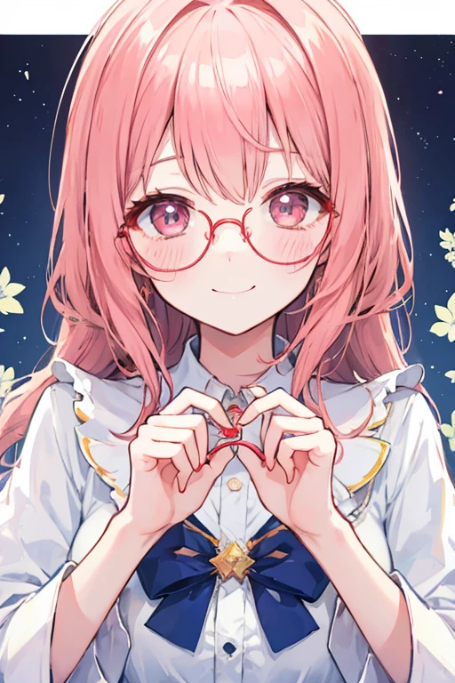 Beautiful illustrations, highest quality, Cute Woman、Clear Face、、blush、Perfect hands、(Perfect Face:1.1), beautiful girl、Glasses、Glassesを手で触る、smile、45 degree angle