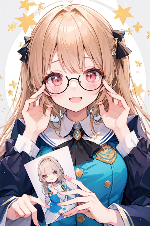Beautiful illustrations, highest quality, Cute Woman、Clear Face、、blush、Perfect hands、(Perfect Face:1.1), beautiful girl、Glasses、Glassesを手で触る、smile、45 degree angle