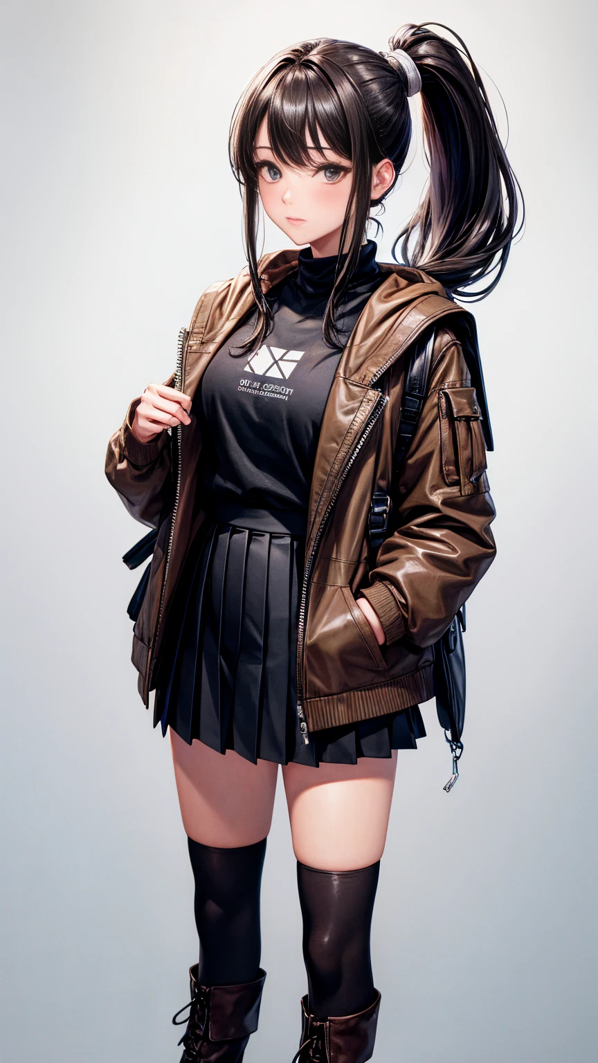 hyper HD, Masterpiece, Textured skin, Super detail, High details, High quality, Best quality, A high resolution, 8K, 16k，full body,a women ,solo,pure Brown hoodie, whitet-shirt, grey Mini pleated skirt ，long socks, Black leather boots, Black backpack， long black hair，high ponytail，Blush,realistic face,realism, a character portrait, white background