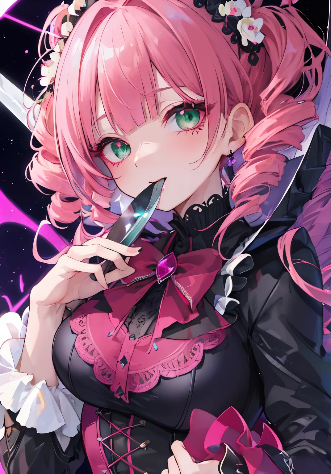 (((Highest quality ultra detailed,Unity 8k))),Twin Drill,emerald eye,Posing,blazer:1.1 (Gothic Lolita:1.2),,blunt bangs,lace up boots,pink hair,medium hair,knife,Licking one&#39;s lips,looking down, ((watching at Viewer:1.3)),looking down,smile,full body,Stanging:1.2 leaning forward