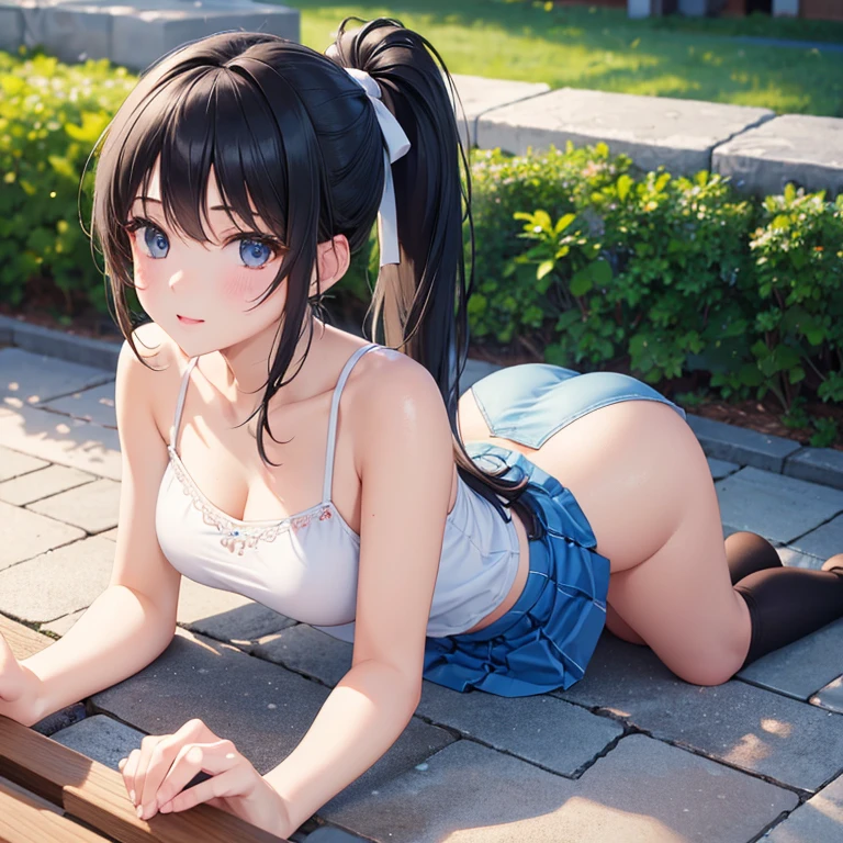 (best quality,4k,8k,highres,masterpiece:1.2),ultra-detailed,(realistic,photorealistic,photo-realistic:1.37),ponytail,black hair,high school girl,mini skirt,poolside, all fours,sideways angle,sunlight,bright colored clothes,slightly exposed necklin, White camisole、Blue mini skirt、hold one hand lightly、Hold out your gently held hand、front