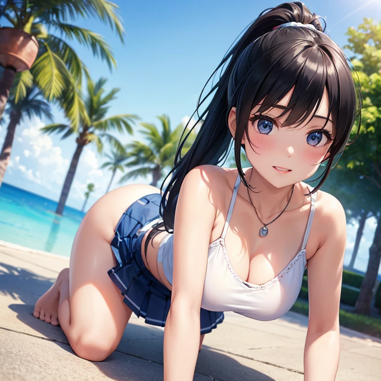 (best quality,4k,8k,highres,masterpiece:1.2),ultra-detailed,(realistic,photorealistic,photo-realistic:1.37),ponytail,black hair,high school girl,mini skirt,poolside, all fours,sideways angle,sunlight,bright colored clothes,slightly exposed necklin, White camisole、Blue mini skirt、hold one hand lightly、Hold out your gently held hand、front