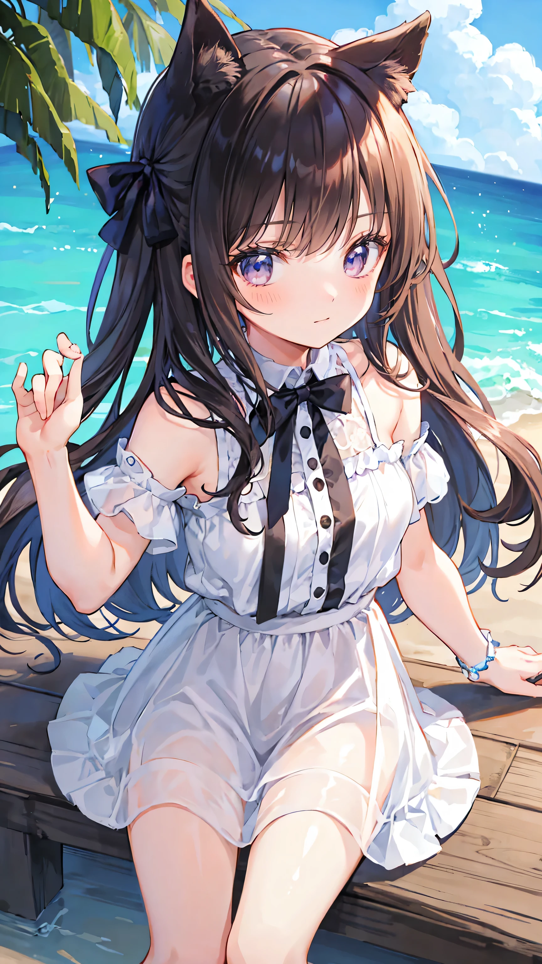 masterpiece, 最high quality:1.2, beautiful)、(One Girl 0.3)、Ocean、hibiscus、cute、smile、(Brown hair twin tails)、(Purple Eyes)、Blue ribbon、White lace swimsuit、break、(Facing forward、sit、Front angle)、break、16k、Digital、high quality、Highest quality、(Perfect Face、Perfect body、Perfect limbs),Perfect Fingers,Perfect Proportion,Masterpiece