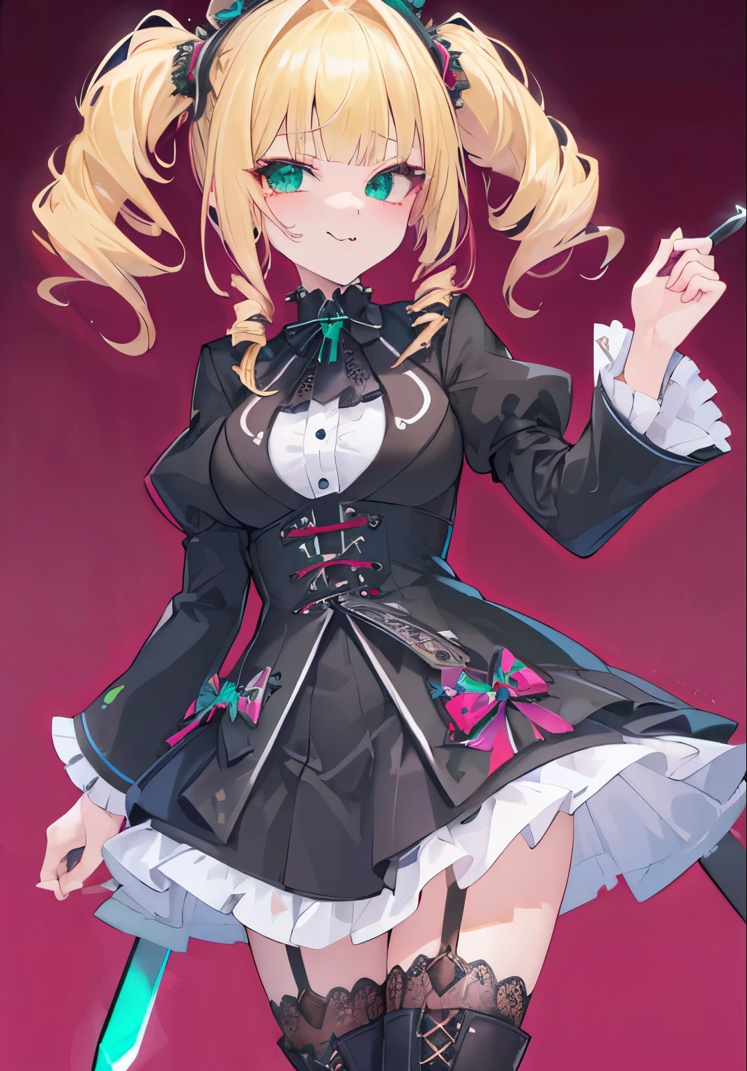 (((Highest quality ultra detailed,Unity 8k))),Twin Drill,emerald eye,Posing,blazer:1.1 (Gothic Lolita:1.2),,blunt bangs,lace up boots,Blonde,medium hair,knife,Licking one&#39;s lips,looking down, watching at Viewer:1.3,looking down,smile
