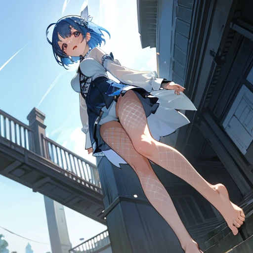 masterpiece, highest quality, High resolution, short hair, Short skirt、Drooping eyes,Outdoor,barefoot,Looking up,Embarrassed face,Angle from below、,Spread your legaid clothes、White underwear、See-through、Blue Hair、White fishnet tights、One silver cross hair ornament、I can't see my right eye because my bangs are covering it、Maid clothes