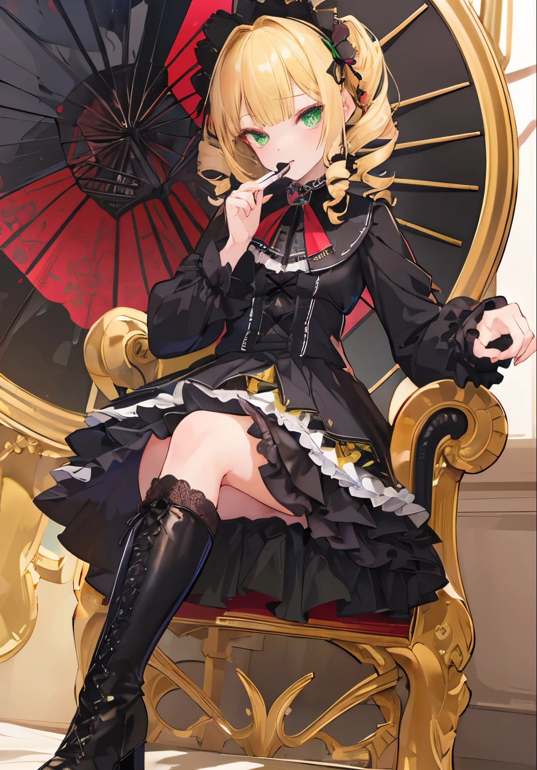 (((Highest quality ultra detailed,Unity 8k))),Twin Drill,emerald eye,Posing,blazer:1.1 (Gothic Lolita:1.2),,blunt bangs,lace up boots,Blonde,medium hair,knife,Licking one&#39;s lips,looking down, watching at Viewer:1.3,looking down,smile
