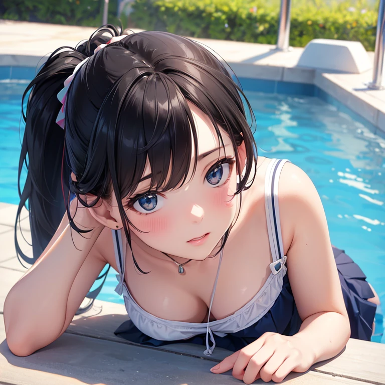 (best quality,4k,8k,highres,masterpiece:1.2),ultra-detailed,(realistic,photorealistic,photo-realistic:1.37),ponytail,black hair,high school girl,mini skirt,poolside, all fours,sideways angle,sunlight,bright colored clothes,slightly exposed necklin, White camisole、Blue mini skirt、hold one hand lightly、Hold out your gently held hand、front