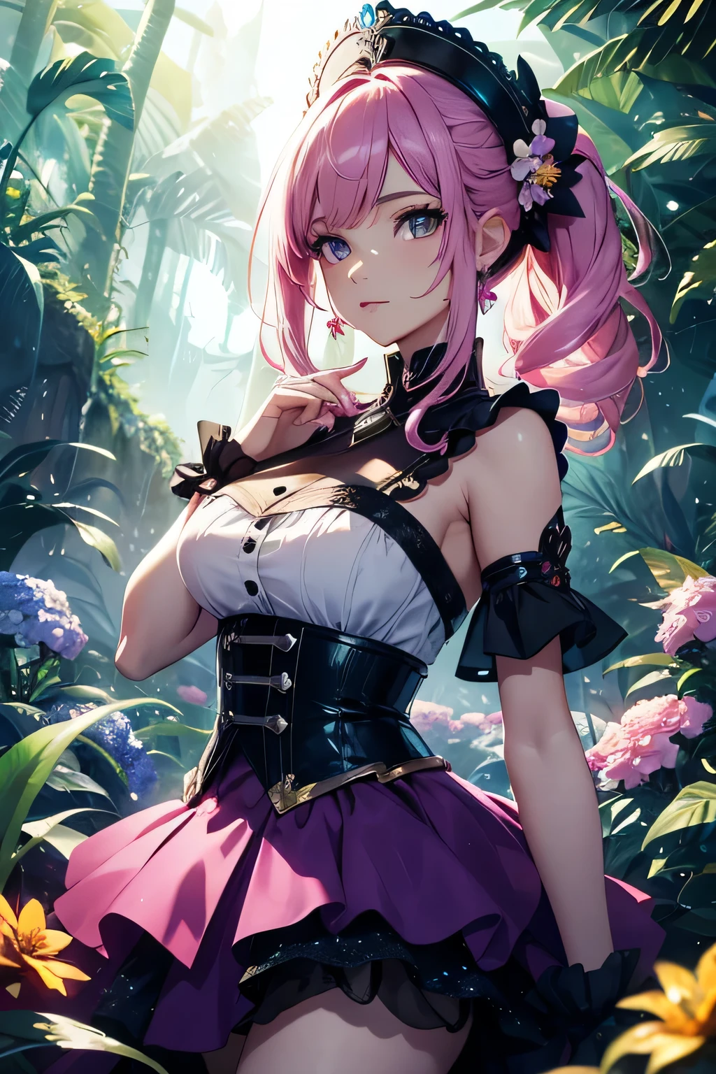 ultra HD, haute resolution, verry detailed picture, the girl is wearing colored flashy beautiful clothes , skirt, many big beautiful flowers are arround the girl, many flowers are on the girl, the girl is in a big forest jungle, the jungle is with many beautifuls differents savages bigs flowers, seductive anime girl, best rated on pixiv, beautiful lightening, lights effects, many colors, HD, full details, high quality, large view, full view of woman