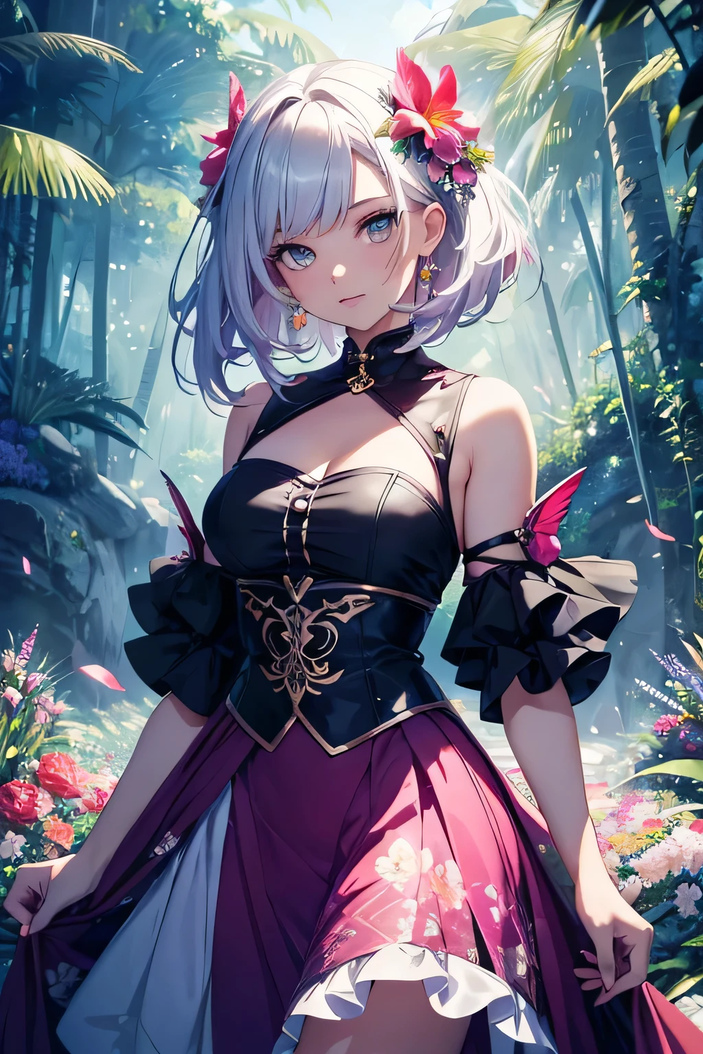 ultra HD, haute  resolution, verry detailed picture, the girl is wearing colored flashy beautiful clothes , skirt, many big beautiful flowers are arround the girl, many flowers are on the girl, the girl is in a big forest jungle, the jungle is with many beautifuls differents savages bigs flowers,  seductive anime girl, best rated on pixiv, beautiful lightening, lights effects, many colors, HD, full details, high quality, large view, full view of woman 