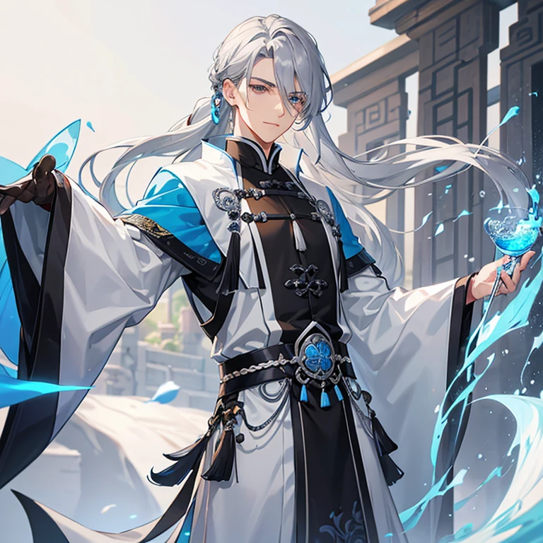 Young, manly handsome man, slim build, long loose silver hair with blue highlights, gray eyes, white with gray traditional ancient Chinese tunic