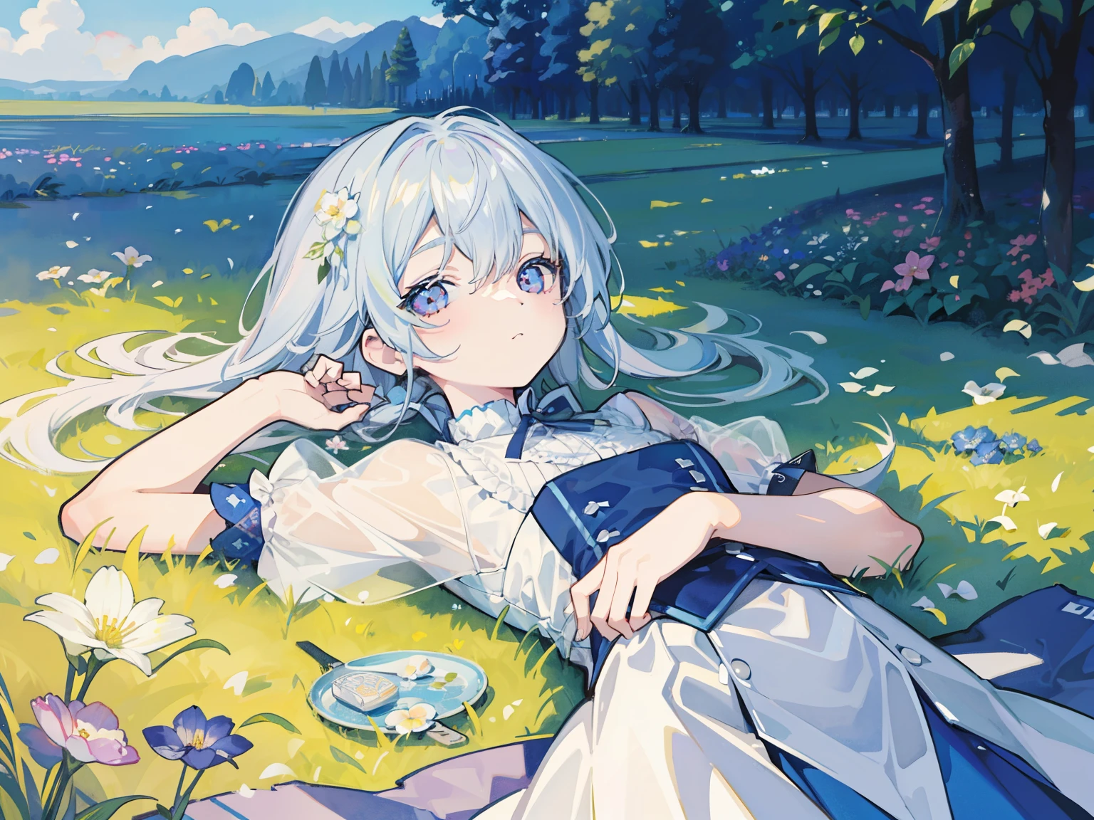 Tabletop,Very detailed,1 girl,alone、Cool composition、best scene、Cool composition、lie down in a flower field、Close your eyes、High quality、Haze、Transparent watercolor、pastel colour