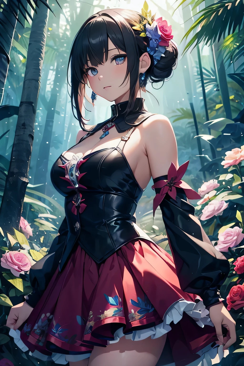 ultra HD, haute resolution, verry detailed picture, the girl is wearing colored flashy beautiful clothes , skirt, many big beautiful flowers are arround the girl, many flowers are on the girl, the girl is in a big forest jungle, the jungle is with many beautifuls differents savages bigs flowers, seductive anime girl, best rated on pixiv, beautiful lightening, lights effects, many colors, HD, full details, high quality, large view, full view of woman