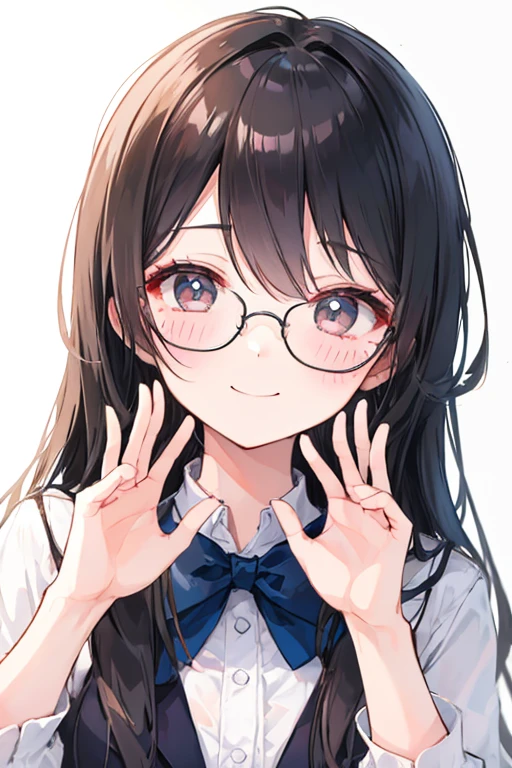 Beautiful illustrations, highest quality, Cute Woman、Clear Face、、blush、Perfect hands、(Perfect Face:1.1), beautiful girl、Glasses、Glassesを手で触る、smile、45 degree angle