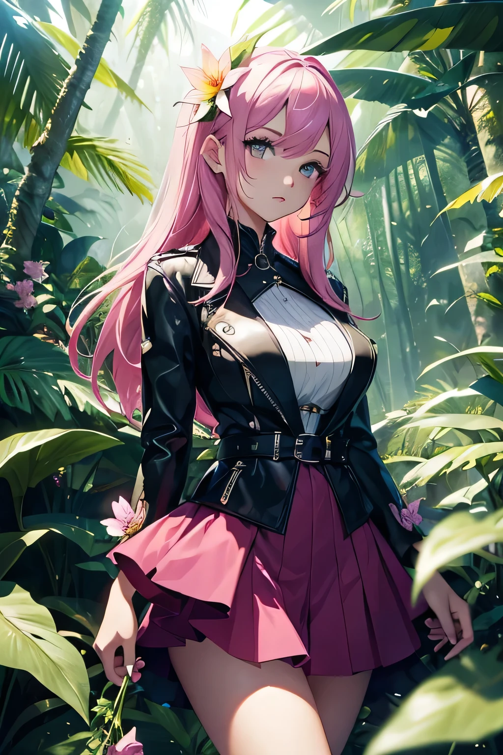 ultra HD, haute resolution, verry detailed picture, the girl is wearing colored flashy beautiful clothes , sexy skirt, many big beautiful flowers are arround the girl, many flowers are on the girl, the girl is in a big forest jungle, the jungle is with many beautifuls differents savages bigs flowers, seductive anime girl, best rated on pixiv, beautiful lightening, lights effects, many colors, HD, full details, high quality, verry large view, full view of woman and the jungle