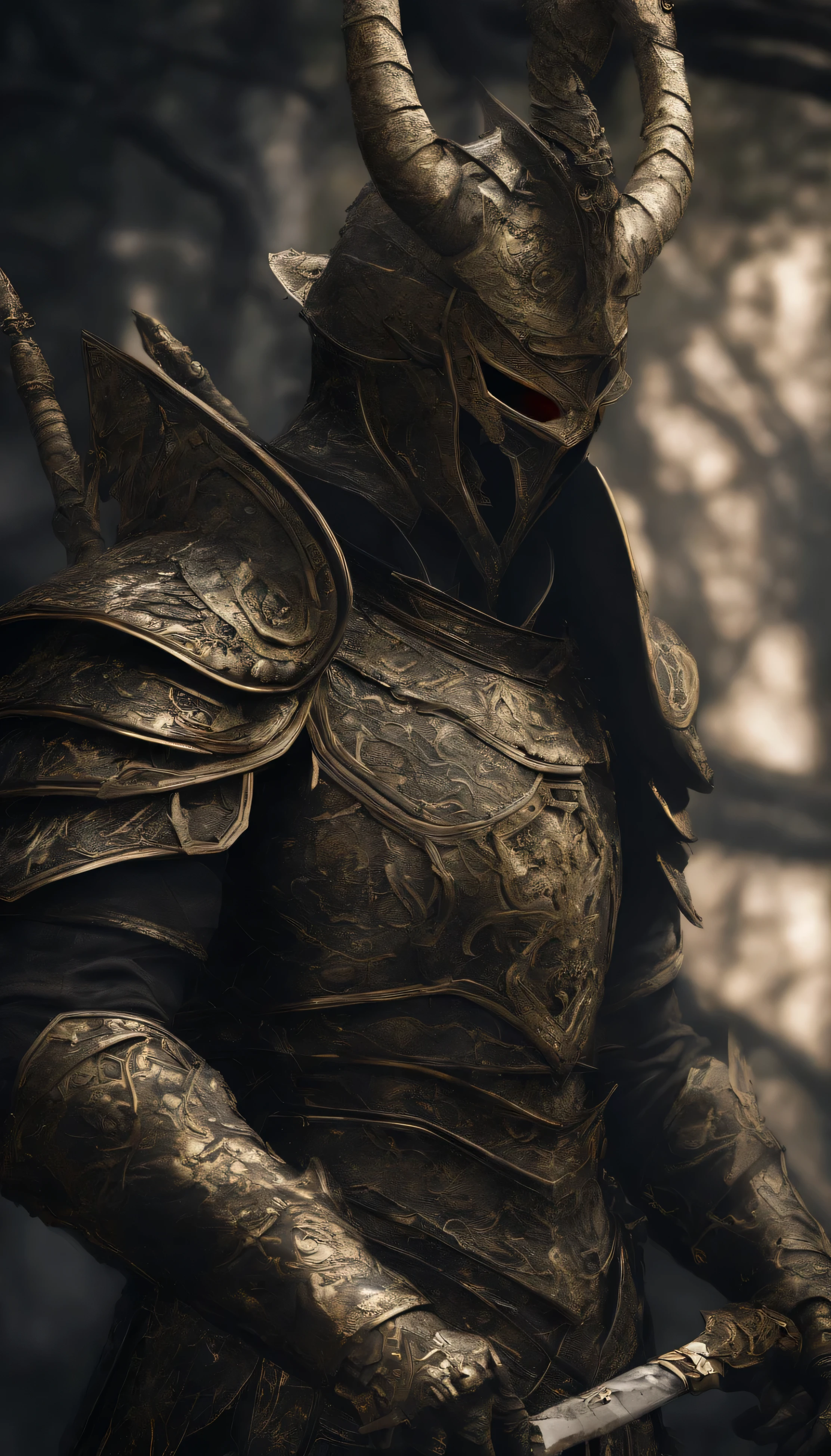 warrior, concept-art, author：Kishiganku, Fantasy art, battleground background, clean render, a horned, Wear a suit of armor, Detailed bushido form smoke, helmet of a forgotten deity, character is standing, 8k Realistic, in game render, detailed face background detail, Art station front page, taur, Pseudo-medieval fantasy, A deity wearing koi armor, detailed bronze armor, Bronze armor, golden etched armor, gold obsidian armor, Light gold armor, Gorgeous filigree armor, A demonic warrior, Gorgeous armor full of thorns, Intricate assasin armor, Intricate metal armor, powerful warrior, Dressed in gorgeous gold armor，Decorated with intricate patterns, The helmet has a large crown and two horns,Glowing red eyes， Everything is in the dark, The smoky background hints at battle scenes, Add an ominous aura to his character，submission, Full body shot.