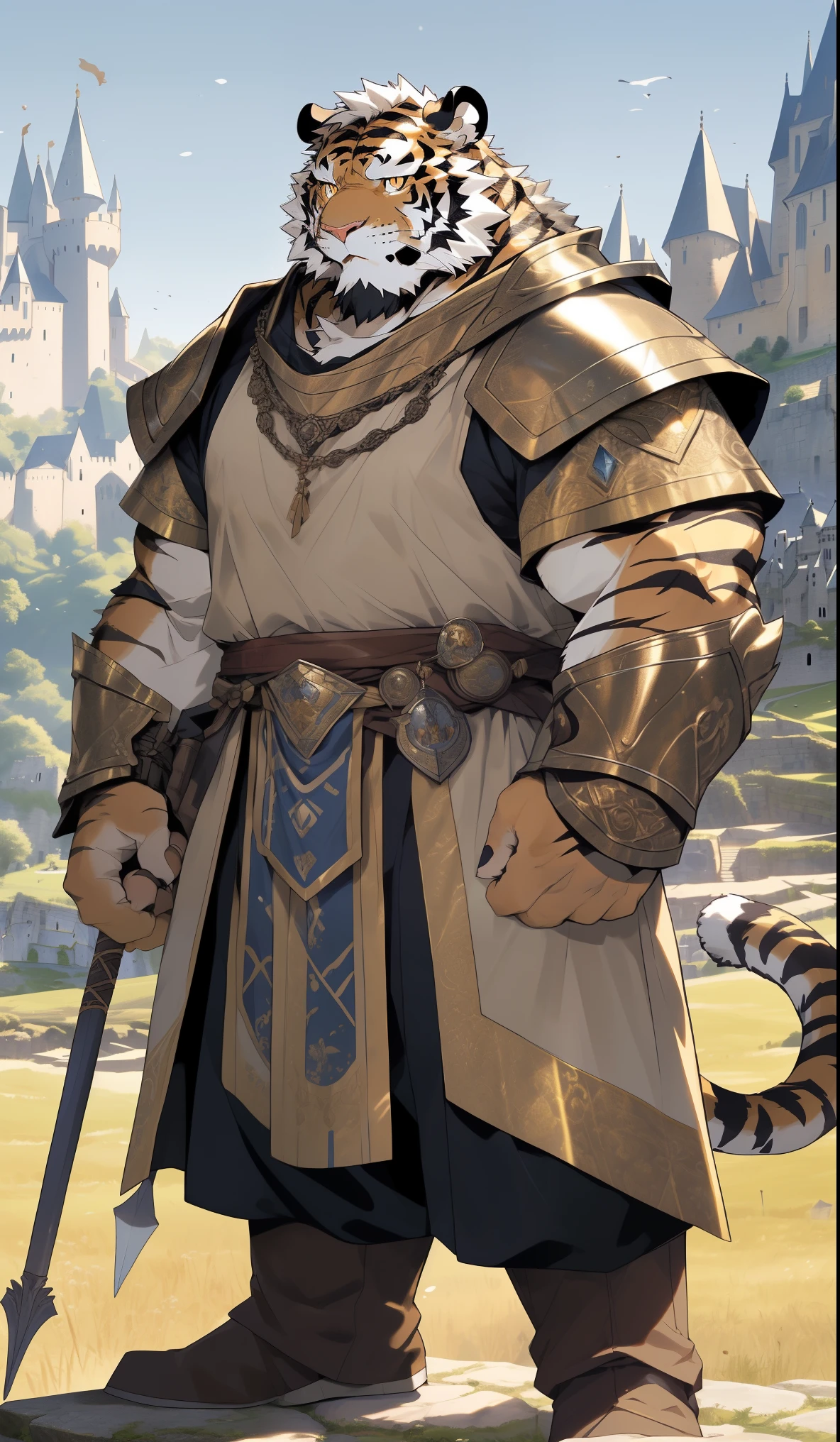 hairy,(tiger,Golden Armor:1.3,Holding a spear:1.3)beard,Golden pupils,Golden fur,Stand in front of the castle,male,Common,full-body shot,Medieval castle,Serious expression,Real background,极其lifelike阴影,masterpiece,Very detailed,lifelike。