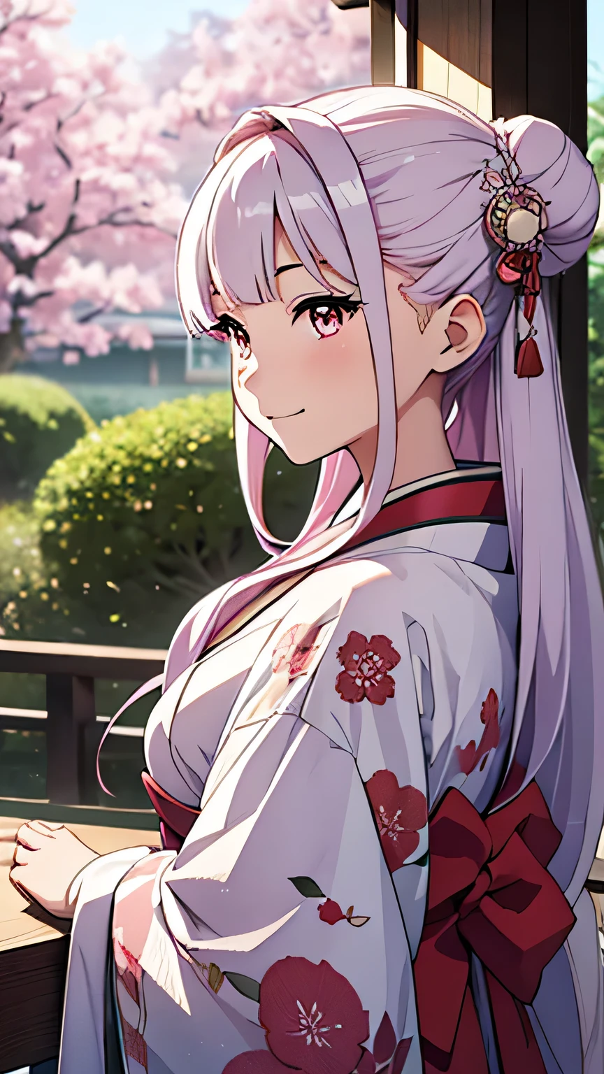 CG, Unity, 8k, wallpaper, highest quality, masterpiece, A beautiful woman in a kimono, 18-year-old, Long white hair, White skin, Mid-chest,View of the garden, (Sad expression: 1.1), Best lighting, Complex pupil, Complex weaving, Detailed Background, in a traditional Japanese room, (A traditional Japanese garden can be seen in the background.), There is a beautiful cherry tree in the garden., Cherry blossom petals are falling, wonderful, Fleeting atmosphere, Focus on the background, View from behind,masterpiece, highest quality, High resolution, {Detailed and beautiful eyes}, finely,  Detailed and beautiful eyes,1 Girl, (alone:1.5),  (Hair Ribbon:0.4), Pink Eyes,Cinematic Angles,perspective,White bun hair,Long pink hair,whole body,Refers to 5 books,smile  