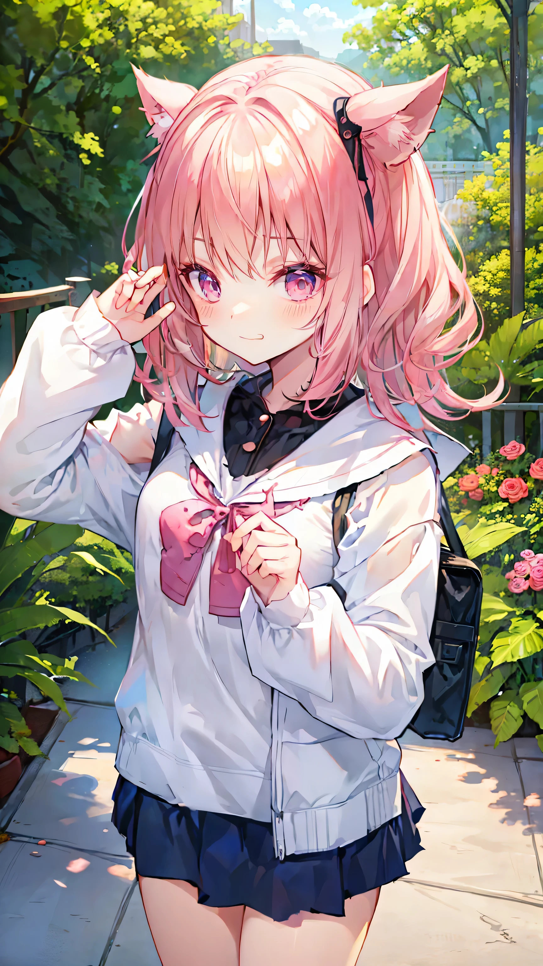 Very cute girl、(I&#39;m )、Light Silver Hair、Shortcuts、Bangs too close to the eyes、Glowing red eyes、(Normal Human Ear)、Thin arms、Beautiful body、Thin legs、Flat Chest、Translucent white skin、Happy smile、Open your mouth、(Sleeveless sailor suit、Ultra mini skirt).(Rose Garden)、Playing innocently、Ultra HD、Digital SLR、Many colorful roses blooming in the background、Upper Body Shot、Sitting with legs crossed、Sitting with knees hugged、running、I know the shape of the nipples、