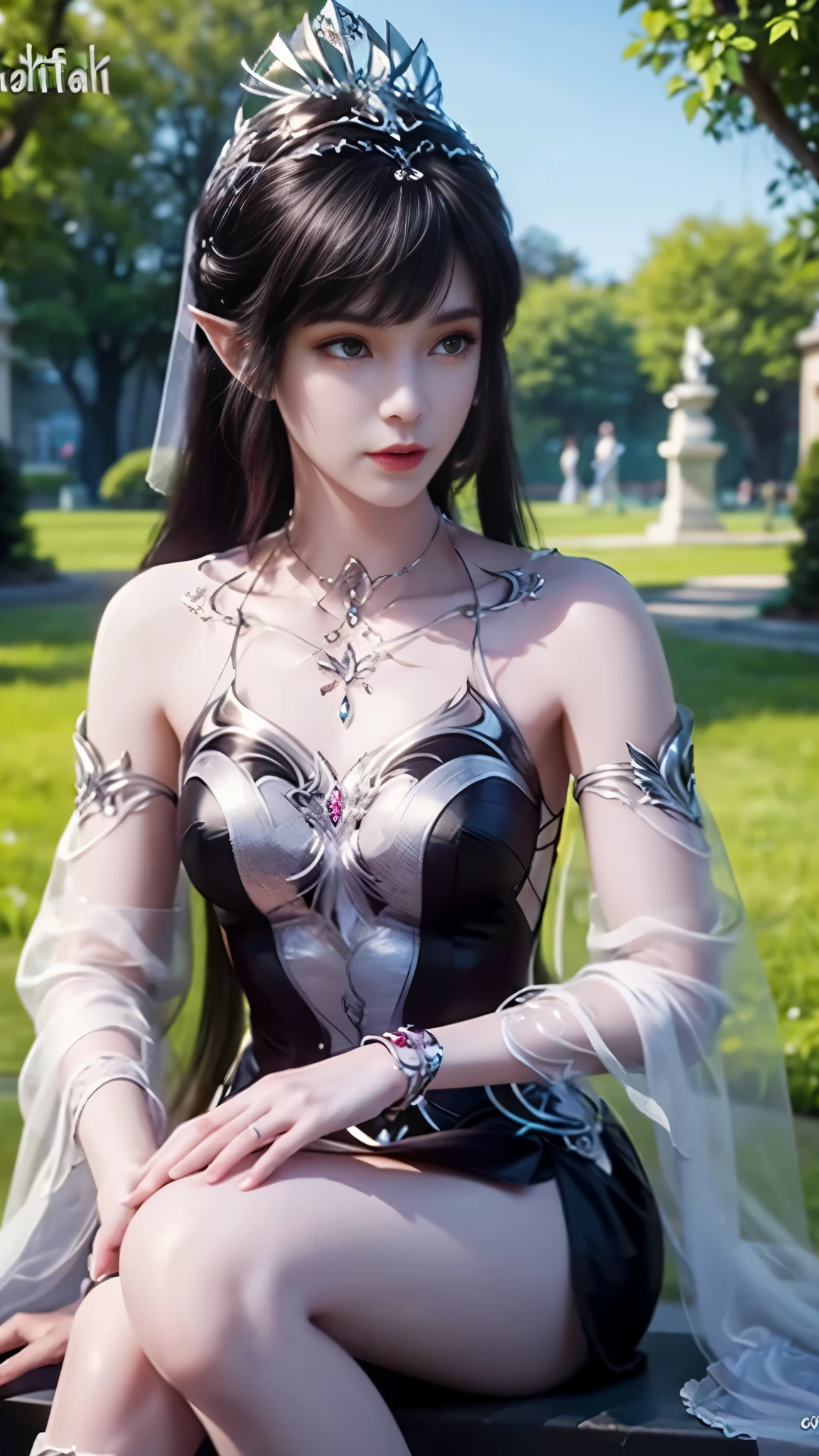 8k, masterpiece, a close up of a woman in a black dress, bare thigh, a beautiful fantasy empress, beautiful fantasy maiden, fantasy art style, trending on cgstation, beautiful and elegant elf queen, beautiful maiden, shining skin, intricate ornate anime cgi style, ((a beautiful fantasy black empress)), beautiful alluring Realistic woman, shining skin, in the park, sun shining, Realistic shadow, attractive poses, sitting, 