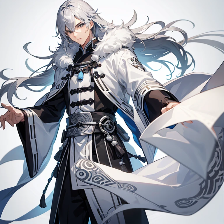Young, manly handsome man, slim build, long loose silver hair with blue highlights, gray eyes, white with gray traditional ancient Chinese tunic