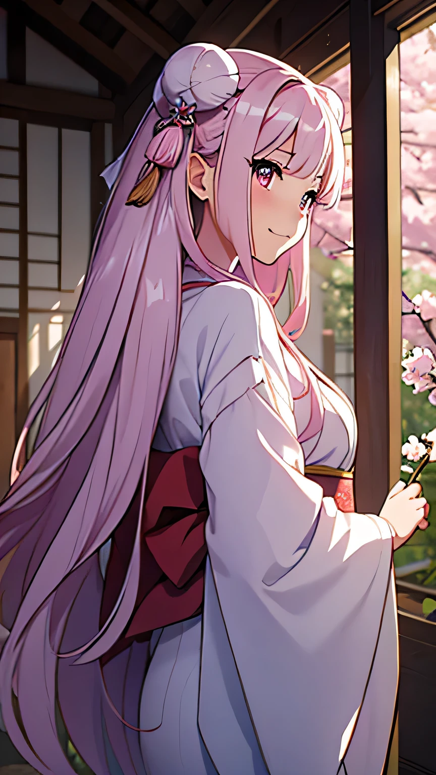 CG, Unity, 8k, wallpaper, highest quality, masterpiece, A beautiful woman in a kimono, 18-year-old, Long white hair, White skin, Small breasts,View of the garden, (Sad expression: 1.1), Best lighting, Complex pupil, Complex weaving, Detailed Background, in a traditional Japanese room, (A traditional Japanese garden can be seen in the background.), There is a beautiful cherry tree in the garden., Cherry blossom petals are falling, wonderful, Fleeting atmosphere, Focus on the background, View from behind,masterpiece, highest quality, High resolution, {Detailed and beautiful eyes}, finely, Detailed and beautiful eyes,1 Girl, (alone:1.5), (Hair Ribbon:0.4), Pink Eyes,Cinematic Angles,perspective,White bun hair,Long pink hair,whole body,Refers to 5 books,smile