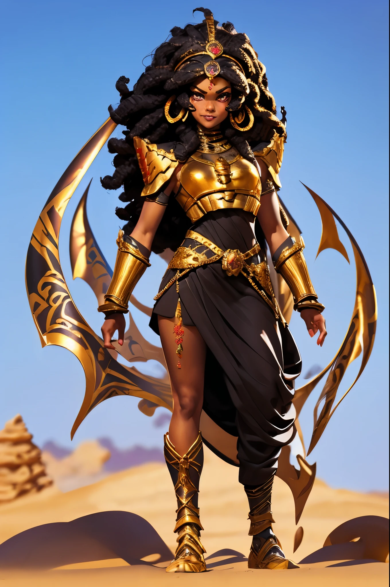 (Masterpiece, Best quality, high resolucion) 1 tall muscular black egyptian woman warrior with curly black hair and golden eyes, red and gold arabic armor, little smile, covered in tattoos, standing in a desert, ready to fight; action pose, dynamic angle, fantasy