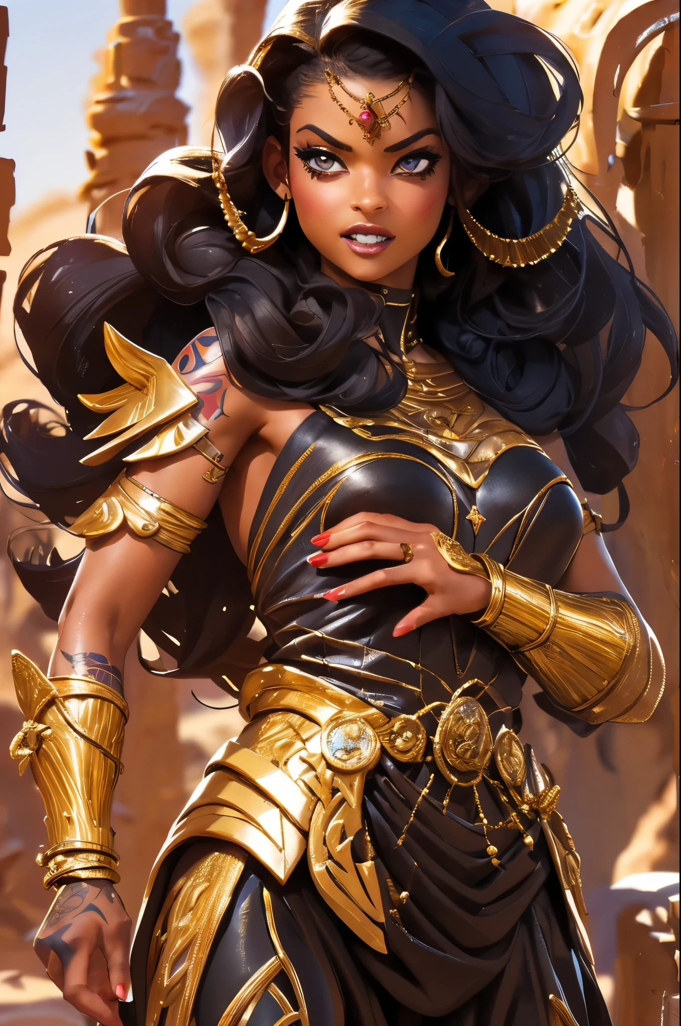 (Masterpiece, Best quality, high resolucion) 1 tall muscular black egyptian woman warrior with curly black hair and golden eyes, red and gold arabic armor, little smile, covered in tattoos, standing in a desert, ready to fight; action pose, dynamic angle, fantasy