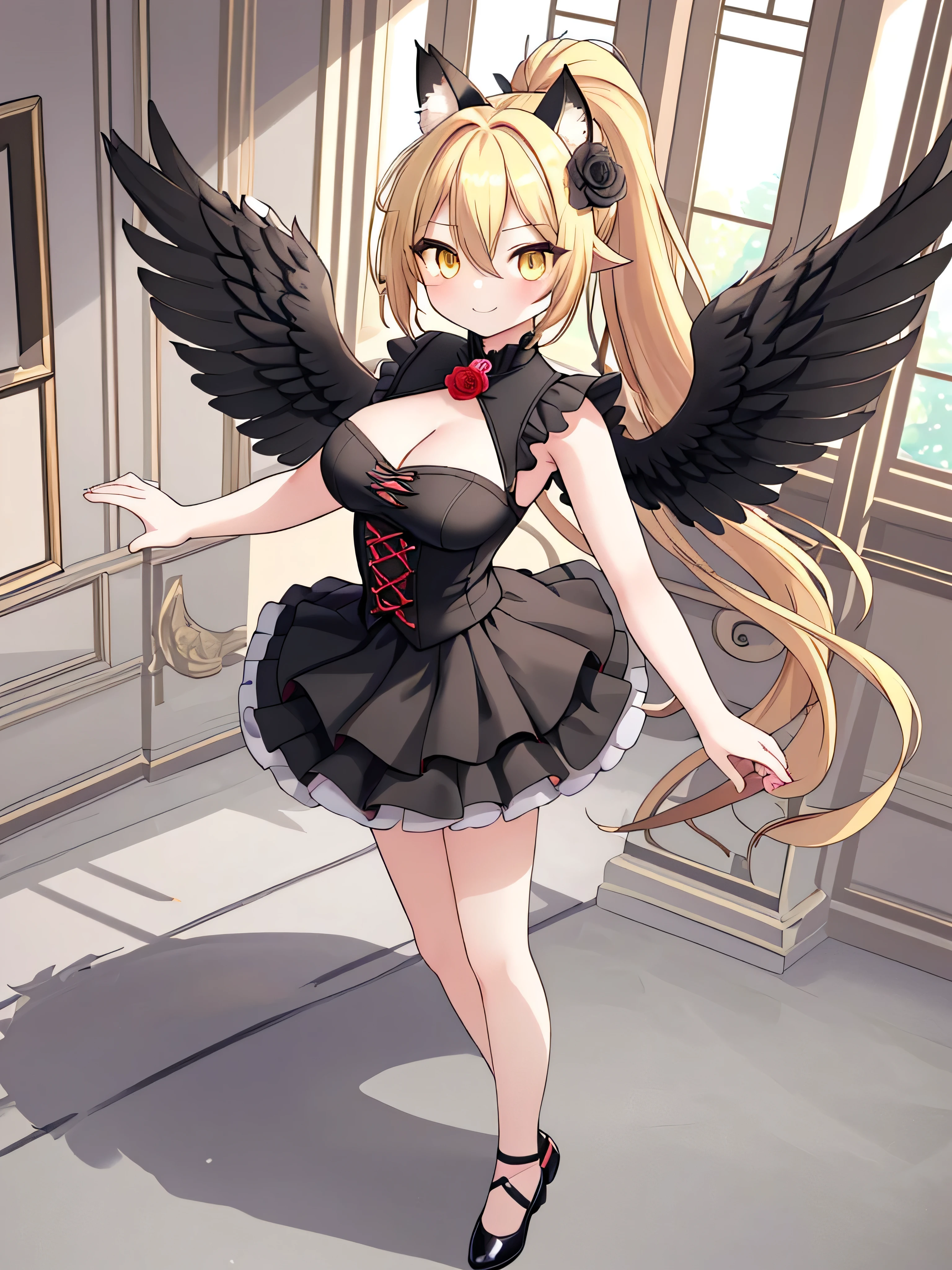 masterpiece, top quality, super detailed, CG illustration, high resolution, better lighting, best shadows, very delicate and beautiful, proper shading, hd, 8k,1girl, solo, long hair, breasts, looking at viewer, smile, bangs, blonde hair, large breasts, hair ornament, dress, animal ears, cleavage, hair between eyes, closed mouth, standing, yellow eyes, ponytail, flower, short sleeves, wings, shoes, hair flower, black skirt, armpits, black footwear, black dress, arm up, animal ear fluff, clothing cutout, rose, cleavage cutout, standing on one leg, feathers, red flower, feathered wings, black wings, red rose
