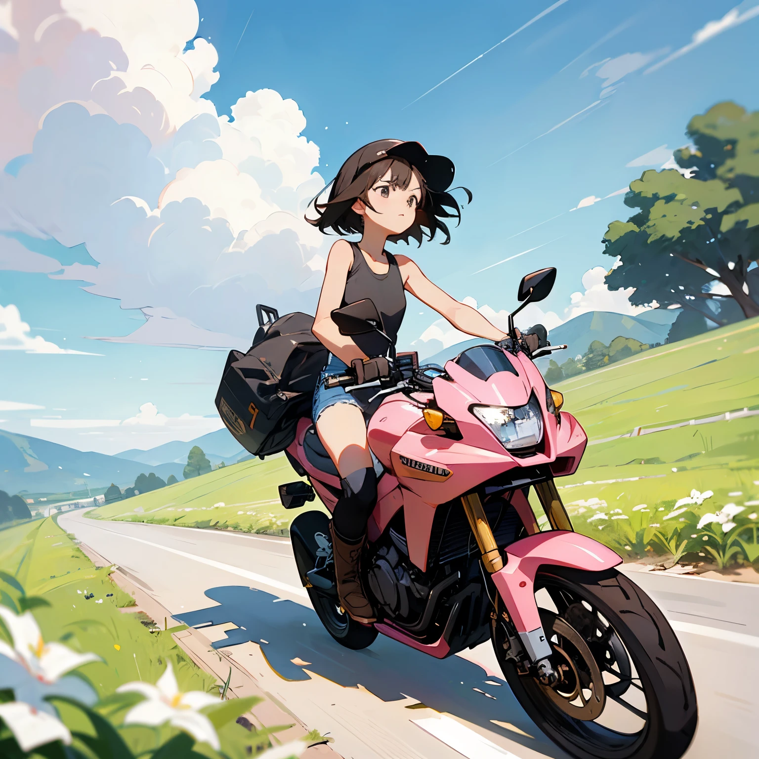 Highest quality、A girl is riding a motorbike、Dark brown short cut、He is wearing a jet helmet with white and black lines running down the center of the helmet from front to back.、White tank top、Pink riders jacket、Denim shorts、White knee-high socks、Brown work boots、Japanese countryside scenery、Road beside the stream、Small creek、Dirt Road、Weeds grow along the side of the road、Blue sky、White clouds floating、Early summer sky、