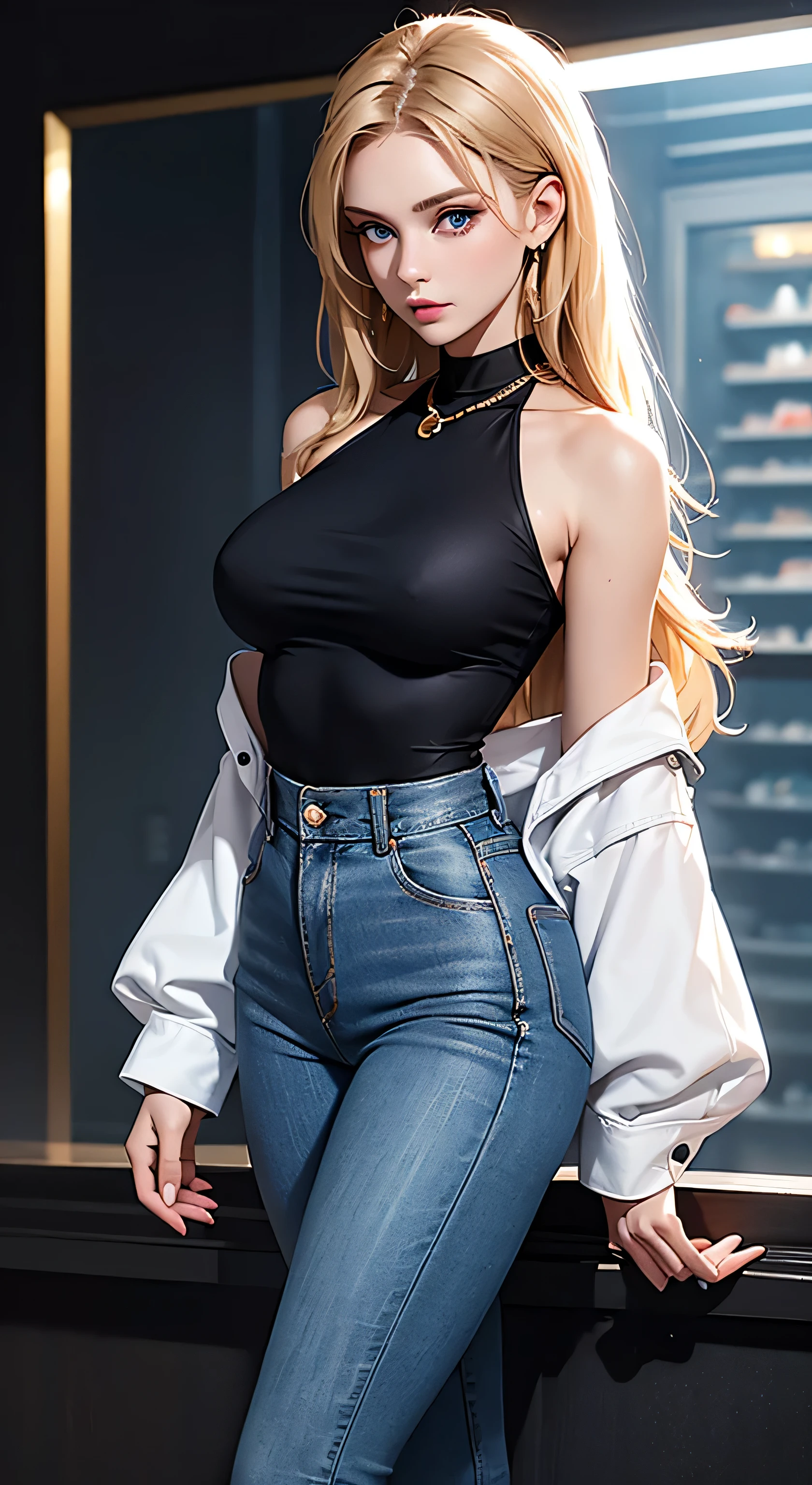 russian beautiful girl in high neck, fit highneck, medium , beautiful blue eyes, black bell bottom, , high waist bell bottom, high waist, bell bottom trouser, white highneck, golden chain in neck, dark blue plan jeans, medium 