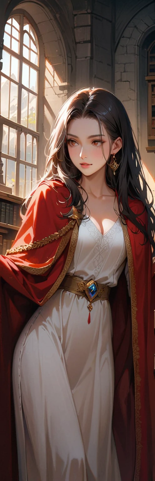 (masterpiece, highest quality:1.2), 1 girl, alone,Are standing_Split, 
Food Yuki, Brown eyes, Black Hair, hair ornaments,Long Hair,,(masterpiece, highest quality, Realistic, High resolution, photo shoot, :1.3), Extremely close up shot, Sharp focus,Japanese , Hot Model, abdomen, Very detailed目と瞳孔, Realistic skin, Slim figure, Cleavage, Very detailed髪, Delicate and sexy face, vision, Glossy Lips、Ultra-realistic 8K CG, masterpiece, ((Very detailed背景, Delicate pattern, Intricate details, Very detailed, 細部までこだわったhighest quality, Ultra detailed face)), (Realistic:1.4),Beautiful lighting, Absurd, RAW Photos, Film Grain, BoaHancockV2, One girl, alone, Black Hair, Long Hair, jewelry, Mouth closed, (((Medium chest, Slim girl))), (red Cape, Cape, dress, Iris, Earrings, Complex and detailed background, internal, Castle room environment, Medieval castle, Gray wall, window, Bookshelf), ((close, Portraiture)), 