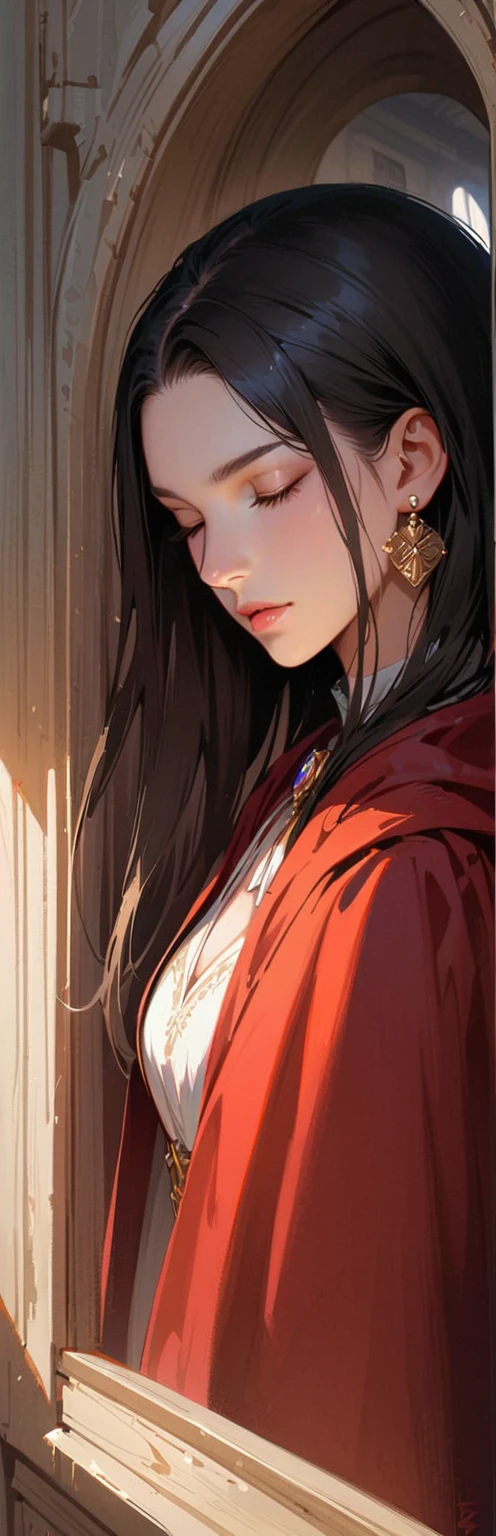 (masterpiece, highest quality:1.2), 1 girl, alone,Are standing_Split,
Food Yuki, Brown eyes, Black Hair, hair ornaments,Long Hair,,(masterpiece, highest quality, Realistic, High resolution, photo shoot, :1.3), Extremely close up shot, Sharp focus,Japanese , Hot Model, abdomen, Very detailed目と瞳孔, Realistic skin, Slim figure, Cleavage, Very detailed髪, Delicate and sexy face, vision, Glossy Lips、Ultra-realistic 8K CG, masterpiece, ((Very detailed背景, Delicate pattern, Intricate details, Very detailed, 細部までこだわったhighest quality, Ultra detailed face)), (Realistic:1.4),Beautiful lighting, Absurd, RAW Photos, Film Grain, BoaHancockV2, One girl, alone, Black Hair, Long Hair, jewelry, Mouth closed, (((Medium chest, Slim girl))), (red Cape, Cape, dress, Iris, Earrings, Complex and detailed background, internal, Castle room environment, Medieval castle, Gray wall, window, Bookshelf), ((close, Portraiture)),