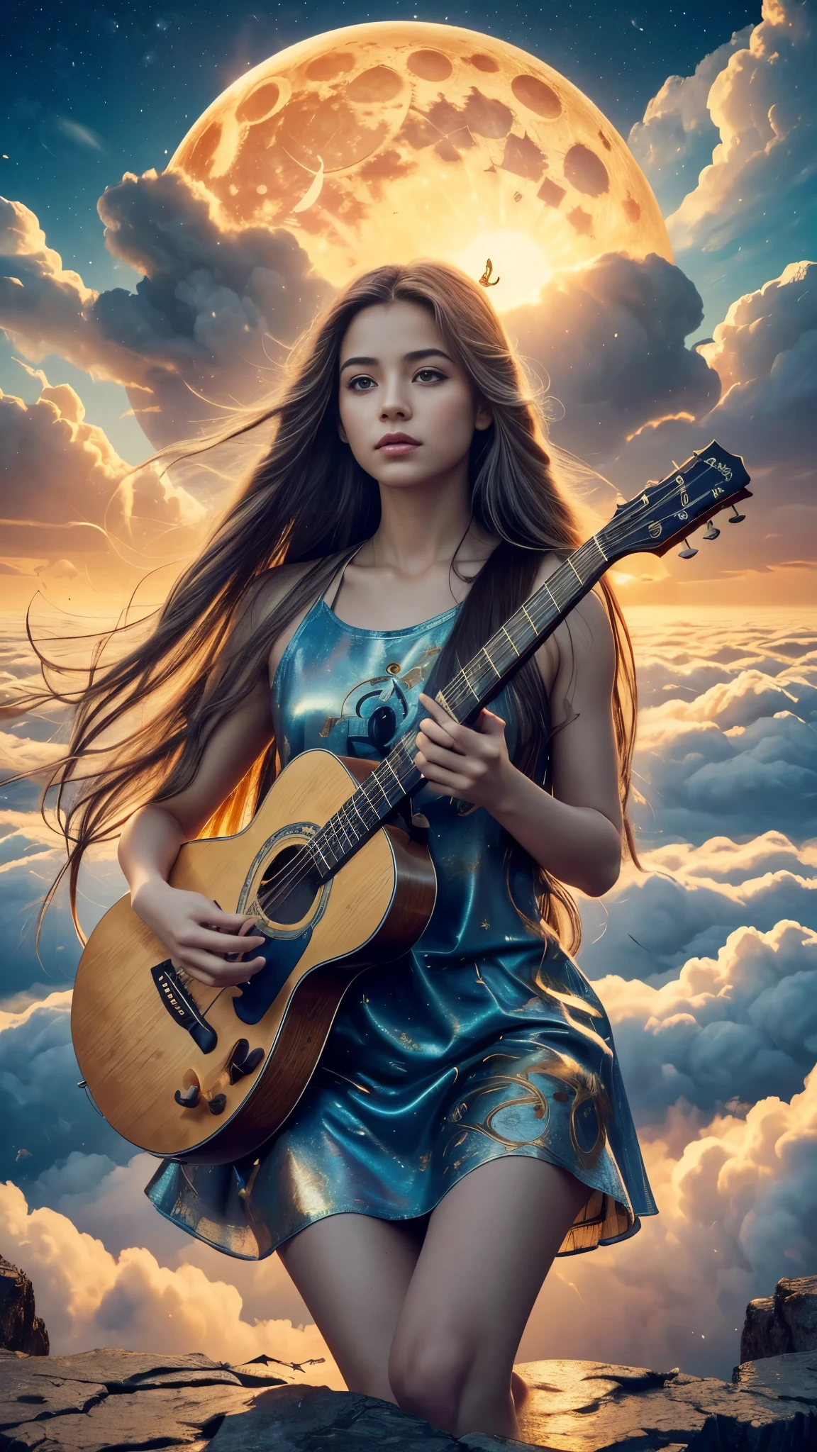 Abstract painting art, 8k poster, whole body, Golden Flower, Beautiful girl sitting on the edge of a cliff and looking at the distant horizon, Golden Eyes, garden, Golden Eyes, Long hair blown by the wind, Woman body front view, Bronze Hair Metallic, Red clouds sunset, Night Light, Lake and distant mountains々Depth of the valley seen from above, Abstract Oil Painting, A girl who is concentrating well on the scene, (((Girl playing guitar))), Exposure, Exposure art, Surreal art, Fantasy, Abstract painting of a woman in a mountain landscape, 8k poster, whole body, Gold and silver flowers, Evening Light, (((Girl playing guitar))), (((Huge full moon next to the sun, ))), (((Musical symbols in the clouds))), ((((Long hair flying in the air, Abstract hair shaped into musical symbols, Sheet music thrown into the clouds, Surreal art)))), High resolution 8K poster, Gold and silver butterfly, ((Short dress, Tank top)), ((Transparent T-shirt)), ((mini skirt)), ((Barefoot) )), ((Barefoot) )),