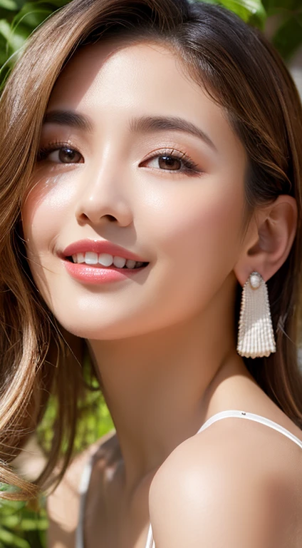 pretty girl: Asian, super cute;
Age: from 18-20 years old;
hair: bronze orange, smooth, shimmering in the sunlight, detailed;
skin: ivory white, rosy and flawless;
eyes: pure black, almond-shaped, sexy, youthful, clear, super detailed, elegant, seductive, sharp, realistic makeup, attracting viewers;
eyelids: delicate, perfect beauty;
Eyebrows: arched, sparse, sharp;
face: beautiful, pure, like a fairy, with gentle makeup, lovely, perfectly balanced, beautiful in every detail;
nose: pretty, lovely, high;
Cheekbones: prominent;
lips: seductive, light red lipstick, lovely lip gloss;
teeth: radiant, pure white;
charming smile, showing off bright white teeth;
body: plump, attractive, full of youth;
accessories: luxurious, sophisticated;
outfit: high-end, modern 2024, silk fabric;
Photo quality: non-NSFW, 8K CG HD, sharp, super beautiful graphics, professional, detailed, vibrant colors, super smooth, advanced techniques, true RAW;
lighting: luxury, complex color scheme, black gold rays;
sunlight: sparkling, illuminating the girl's body;
Background: brilliant flower garden, bright light;
