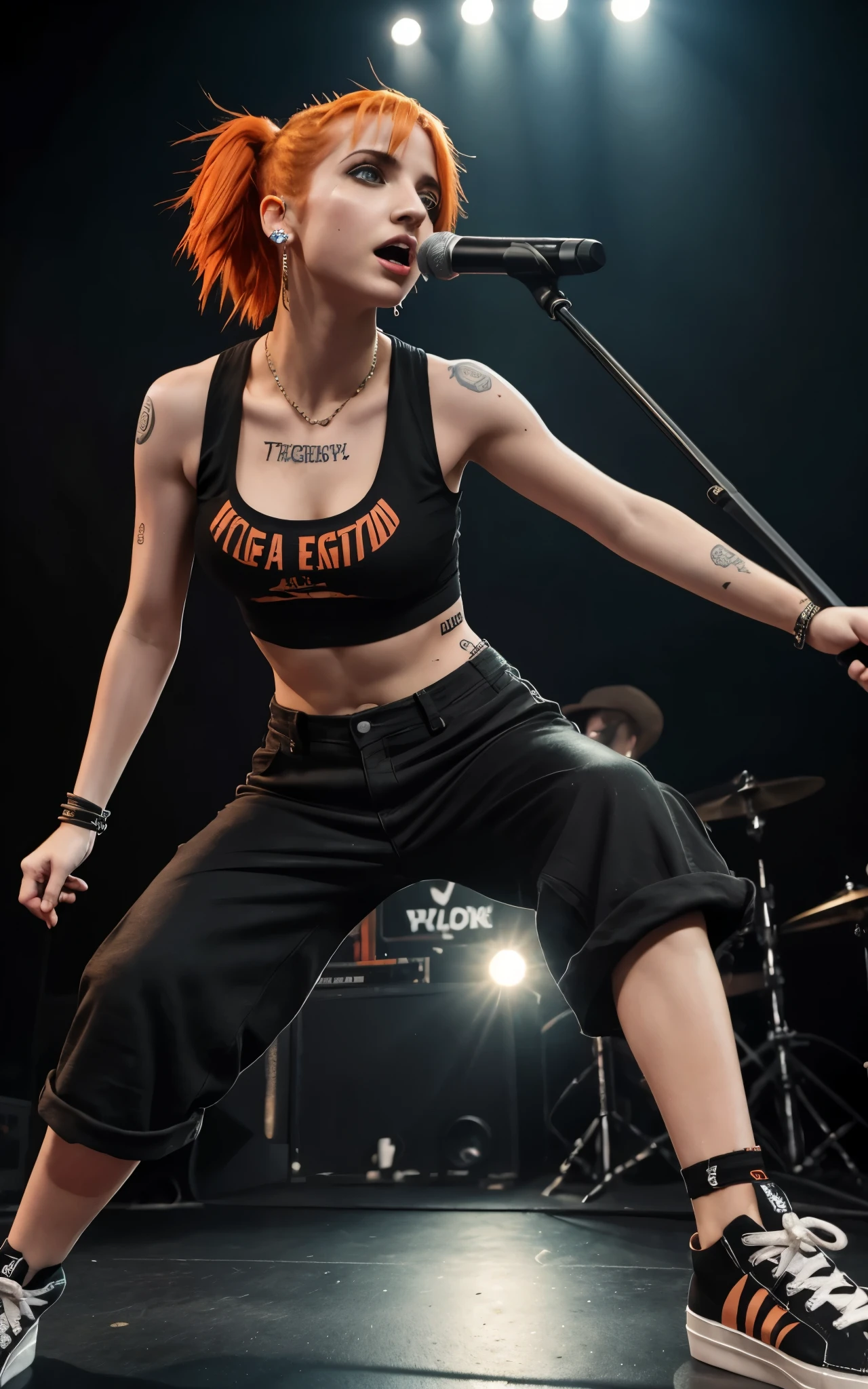 (Emily Rudd:Hayley Williams) Alternative rock singer, orange hair, tank top and wide pants, sneakers, singing on stage, black eye shadow, heavily tatooed, digital art, piercings, masterpiece, hyperdetailed. 