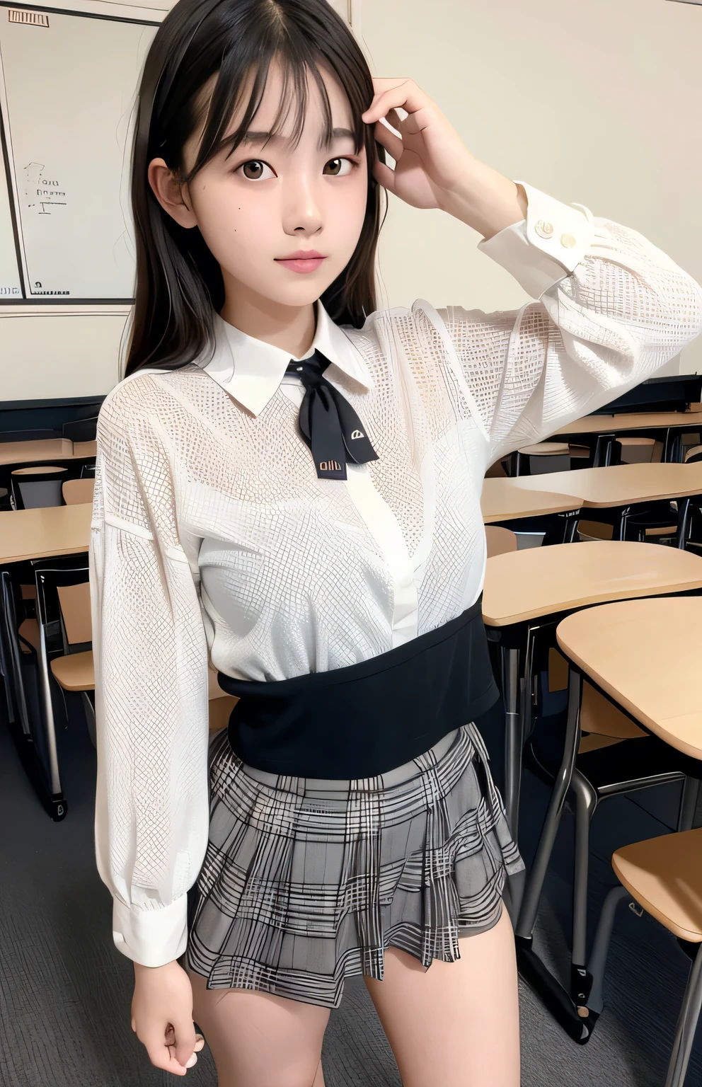 masterpiece, Photo-realistic, best quality, 8k ultra-detailed, illustration, Warm light, full body photo, (paisura:1.4), 1girl, 10 years old, Baby Face, No makeup, hair tie, no breasts, Both eyes are equal, black eyes, necktie, black mini skirt, school mini dresses, The shirt button opens, bag, black hair, Classrooms, empty room, between breasts, Bra with cute prints, panties printed with cute patterns