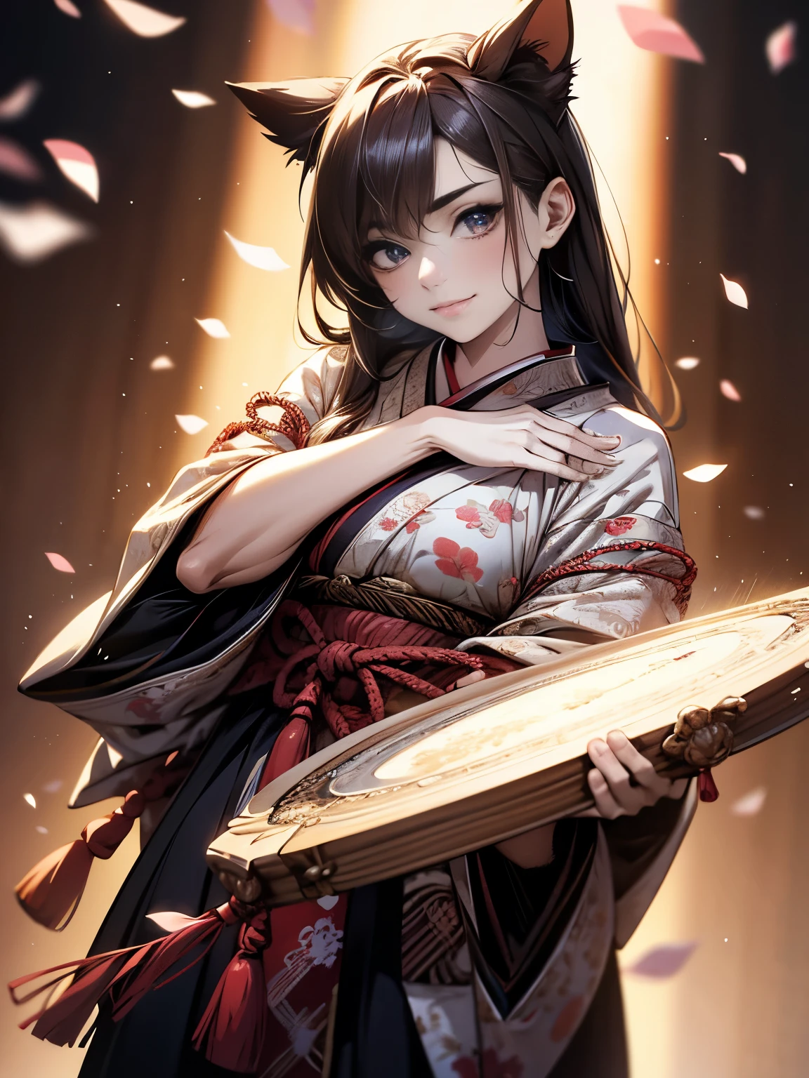 (Highest quality、High resolution、8k、masterpiece:1.2)。Her eyes were shining like stars、Squat、squat。Battle Girl、Looking down but eyes looking straight ahead。Aggressive fighting stance。Crouched down and glaring at the viewer。Her bangs are tied up so that her forehead is visible。Using a Japanese sword as a walking stick to support one&#39;s body。1 girl、Hair that stands on end、Twin tails that rise up、Long Hair、Disheveled Hair、Hair swaying in the wind、kimono、kimono、長袖の赤と黒の花柄のkimono、（background：Kyoto、night、Streets bathed in the light of the bathhouse）、Kyoto、period drama、長いkimonoの袖、Holding a Japanese sword、backgroundのぼやけ、Tattoo、Depth of written boundary。Reflection in a puddle。geta、tabi、Showing teeth。smile、sunglasses。hair ornaments。