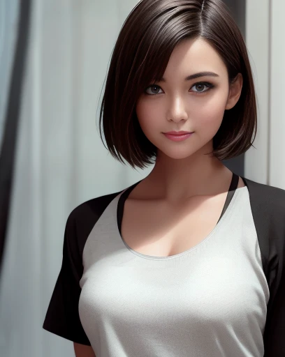 highest quality, Ultra-high resolution, (Realistic: 1.4), beautiful Eyes, Super beautiful, Very short hair, beautiful, lover, Rough chest T-shirt, beautiful Soldier, Eyes that beckon the viewer, loverの視点, Attractive expression, Sexy smile, Perfect Style, Perfect balance, Detailed skin, Mischievous Gaze, I can see your chest