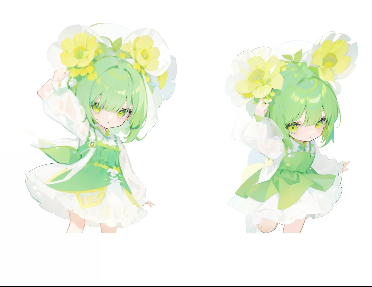 Green-haired girl、Part your bangs in the middle、Bob Hair、Yellow flower hair ornament、Green Dress、cute、personification、cute二人の少女
